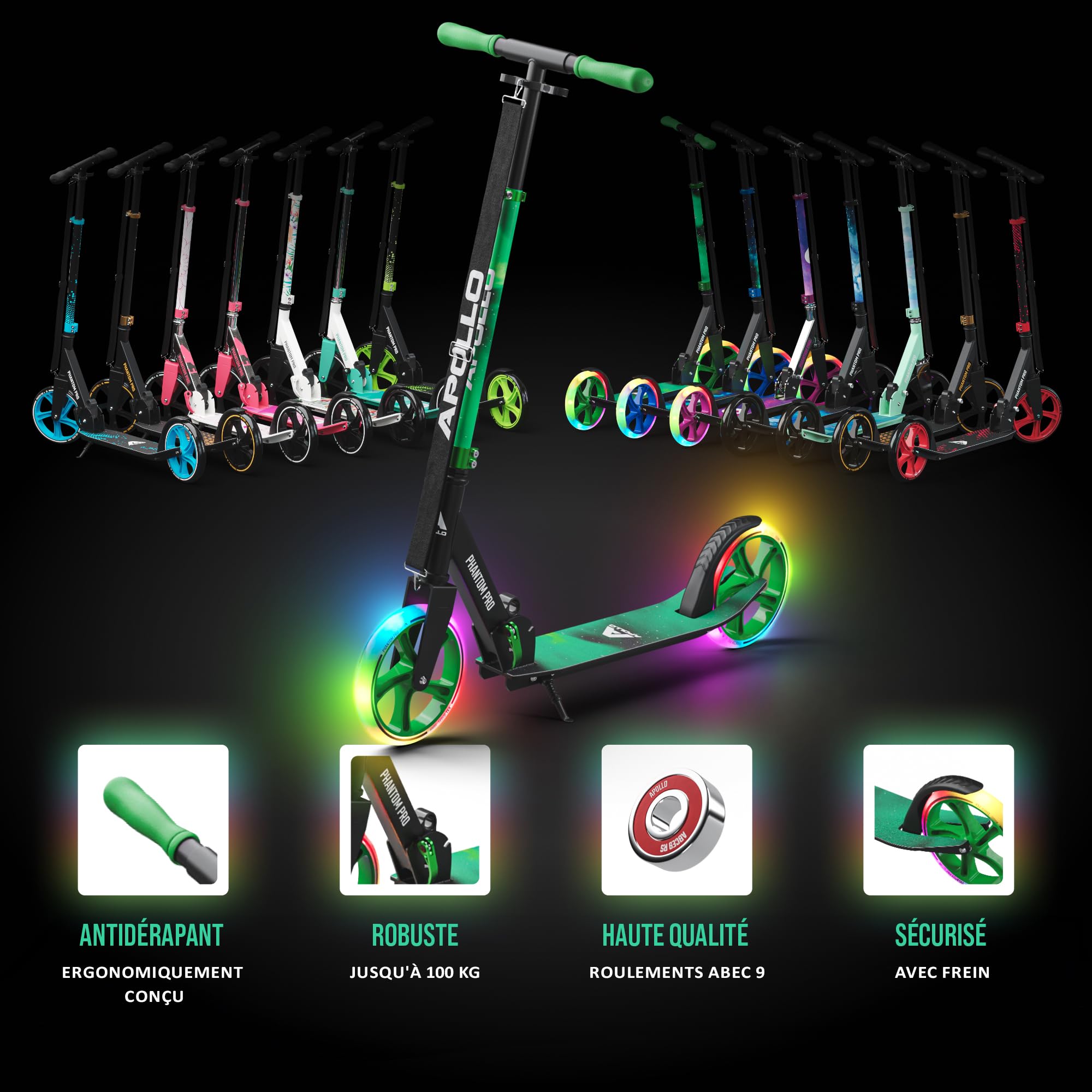 Apollo Trotinette aux Roues XXL - 200mm - Trotinette Freestyle de Ville Phantom Pro - City Scooter Pliable et à Hauteur Ajustable pour Adultes et Enfants