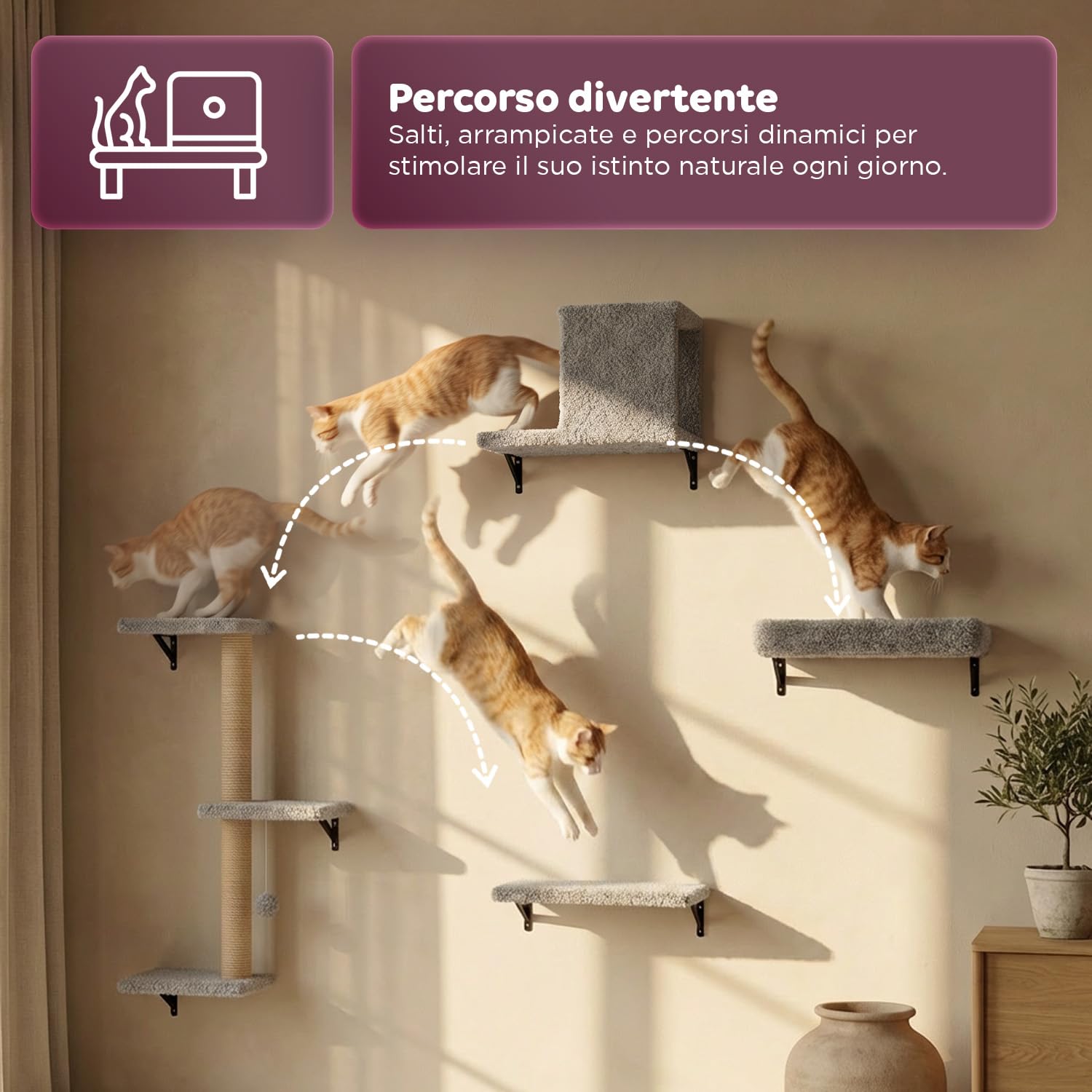 Avilia - Parco Giochi Verticale da Parete per Gatti in Legno – Percorso Attrezzato con Mensole, Sisal e Tiragraffi – Arrampicata a Muro Salvaspazio con Rivestimento Morbido – Legno Naturale