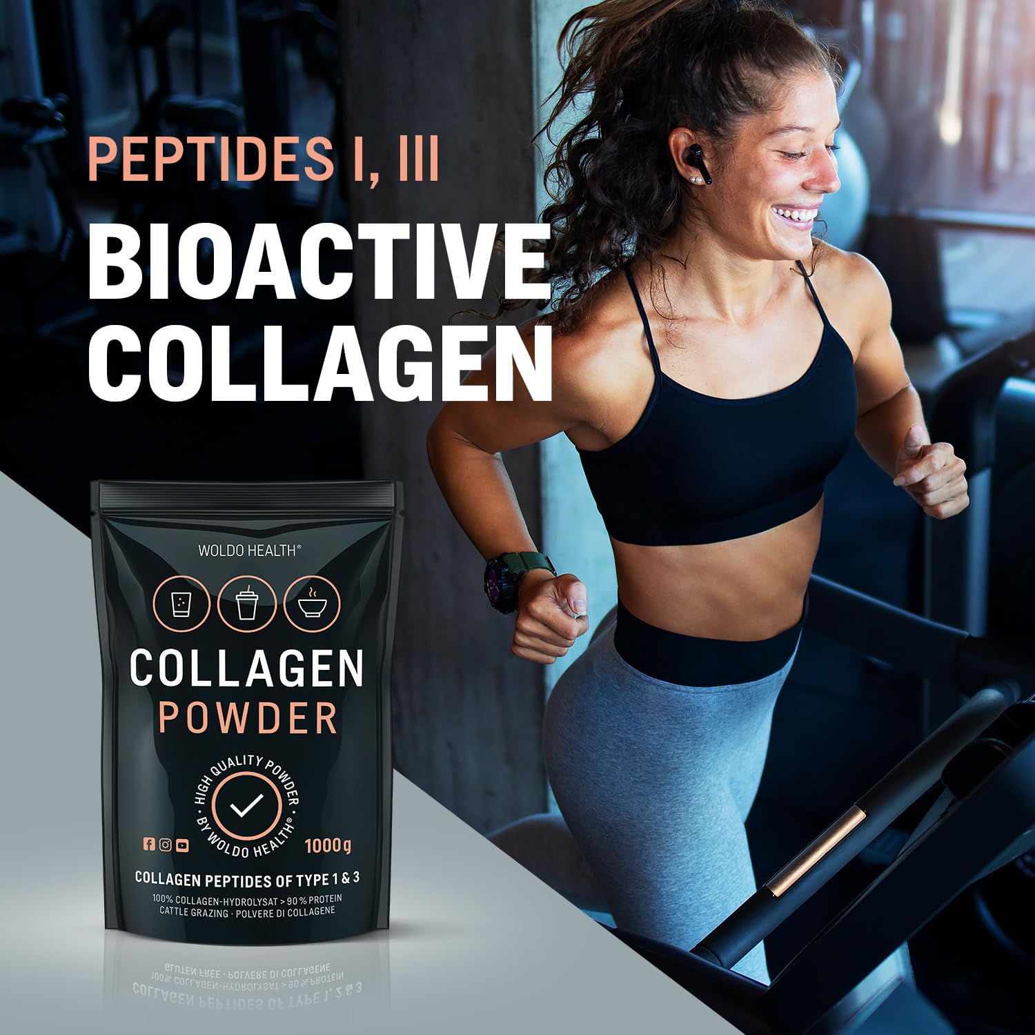 WoldoHealth Colágeno en Polvo de Vacas Criadas en Pastoreo Hidrolizado 1 kg - Proteína Soluble en Agua y Sin Sabor