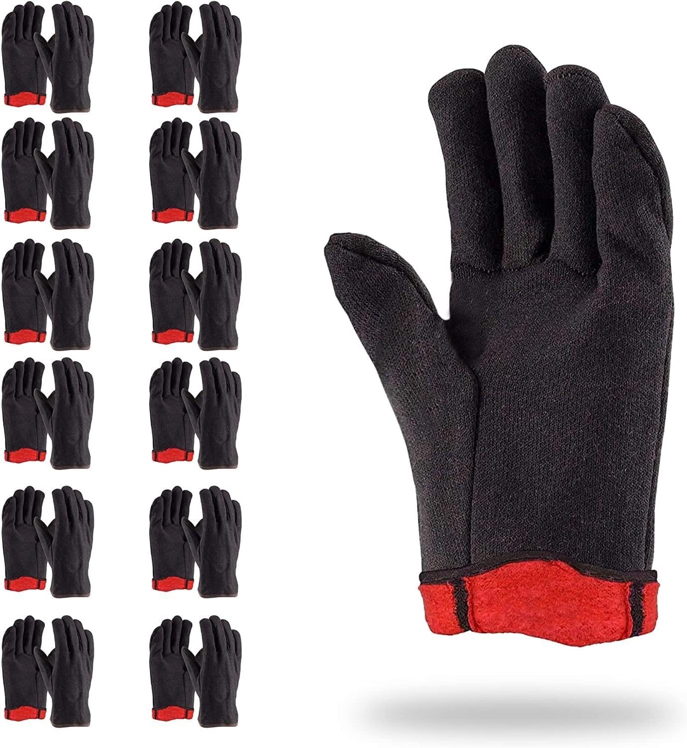 ABC Red Fleece Lined Brown Jersey Gloves. Reusable Washable Gloves with Open Cuff, Work Gloves
