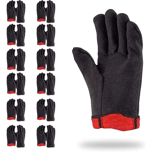 ABC Red Fleece Lined Brown Jersey Gloves. Reusable Washable Gloves with Open Cuff, Work Gloves