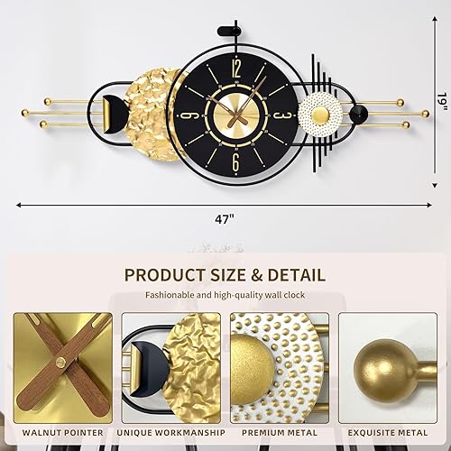 Miniatura 2 de Reloj de pared de 47 x 19 pulgadas, moderno, funciona con pilas, reloj grande negro de metal y madera, estilo retro, reloj de pared grande, reloj