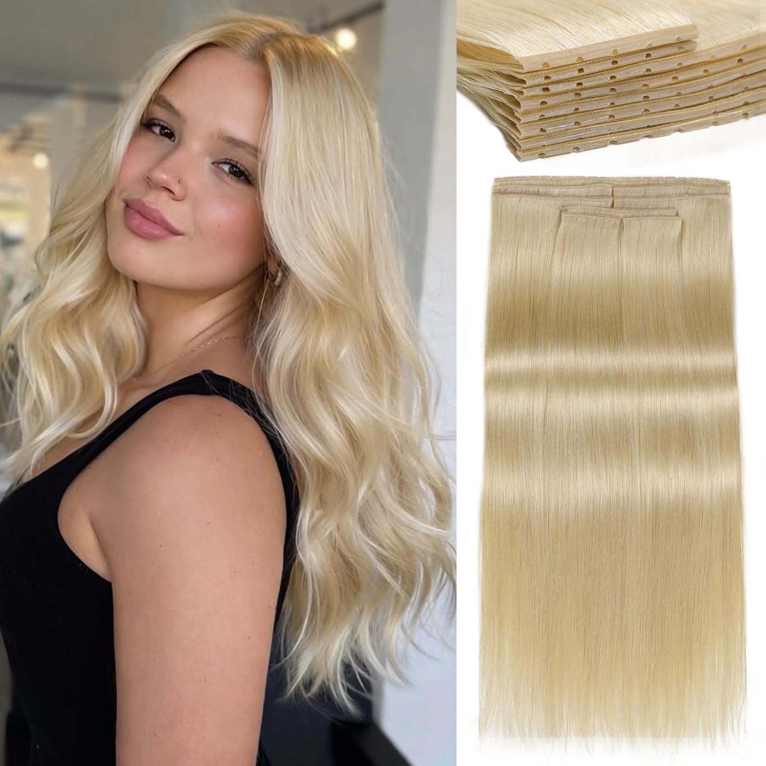 LADY MIRANDA Blonde Human Hair Extensions 18 Inch 100g OVO Weft Hair Extensions with Micro Beads Double Weft Hair Extensions Real Human Hair Invisible