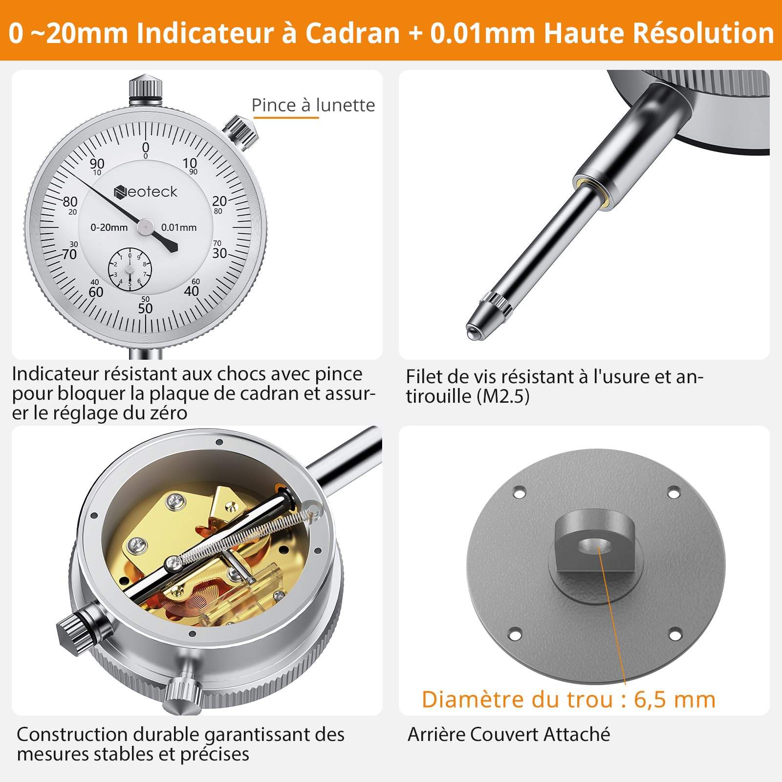 Neoteck 0-20mm Comparateur Mécanique pour Scie à Table Résolution 0.01mm avec Barre en Aluminium Anodisé Fixation à Trois Glissières Indicateur à Cadran Mécanique pour Scies Circulaires à Table
