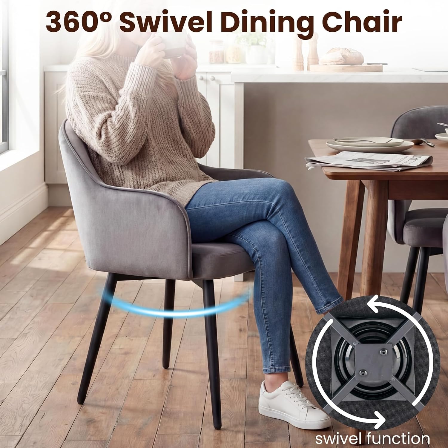 DUOMAY Swivel Dining Chair Set of 4, Modern Velvet Grey Upholstered Armless Side Chairs with 360-Degree Swivel for Dining Room, Living Room, Grey