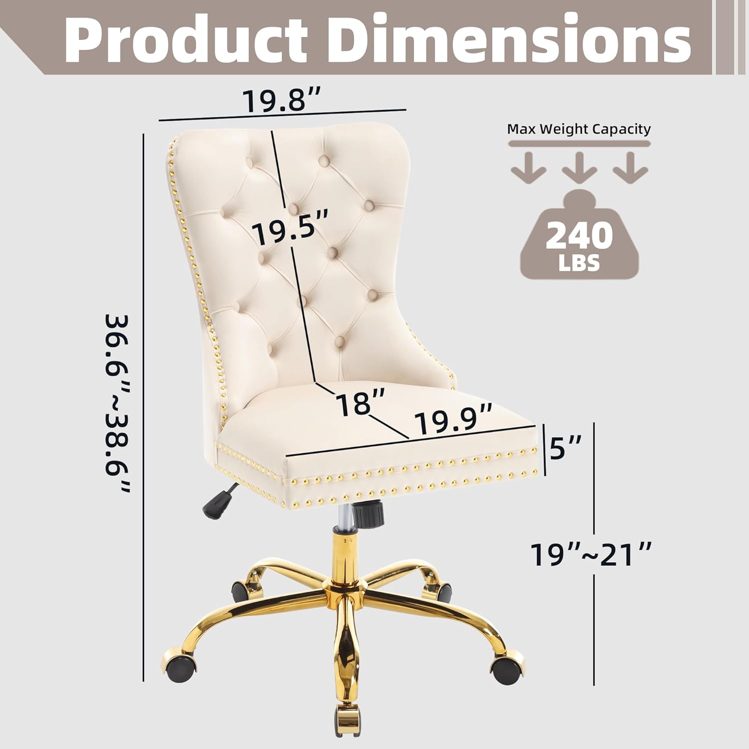 Velvet Home Office Desk Chair, Height Adjustable Vanity Chair withTufted Back, Swivel Comfy Seat, Luxury Rivet Trim, Golden Base for Bedroom Living Room, Beige