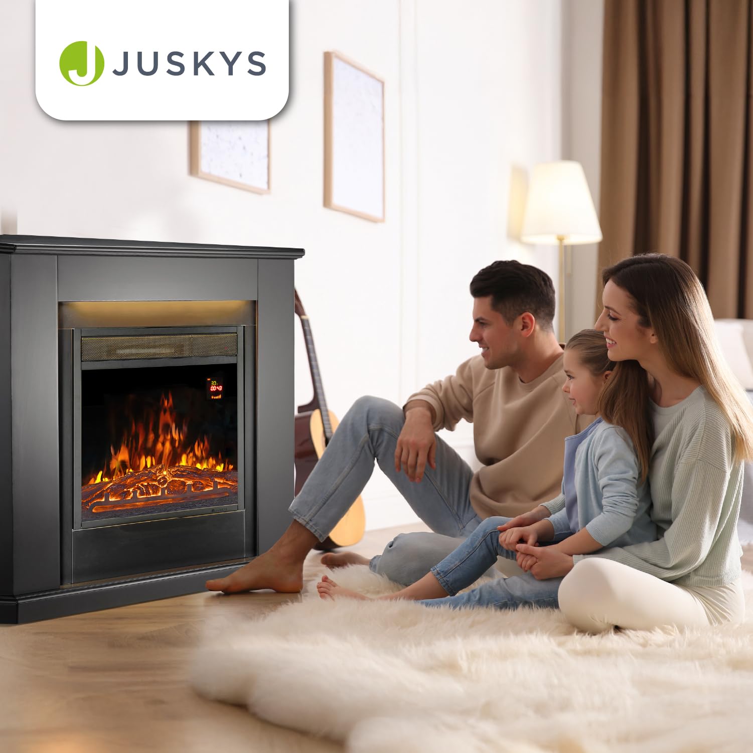 Juskys Cheminée électrique 1000/2000W avec Chauffage, Effet Flamme, télécommande, éclairage LED et minuterie - Cheminée électrique d'angle (Noir)(96x57x94cm)
