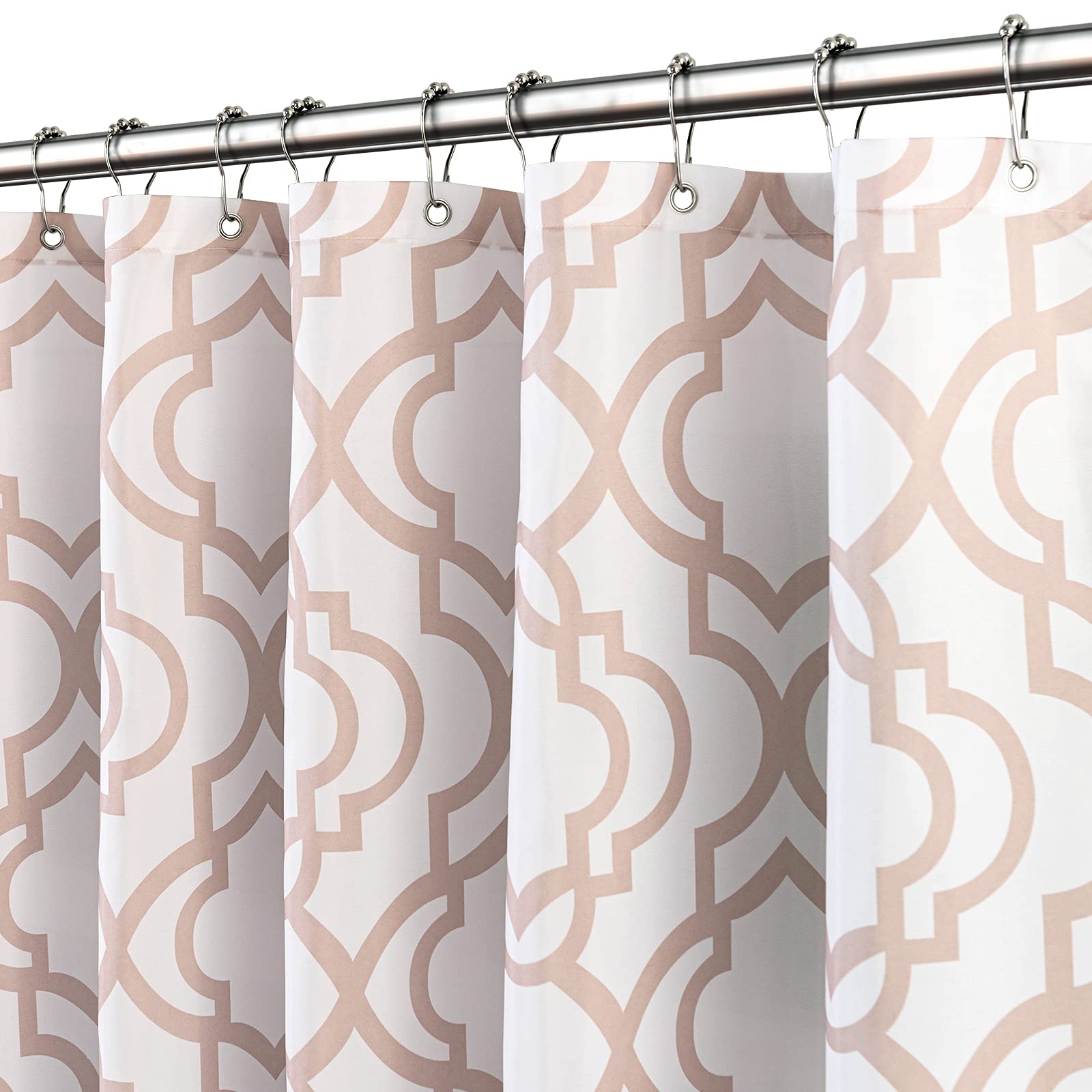 Reepow Fabric Shower Curtain with 12 Stainless Steel Rings & Hooks for Bathroom Bathtub, Moroccan Pattern Shower Stall Curtain with Weighted Bottom Hem, 72" x 72", White and Beige