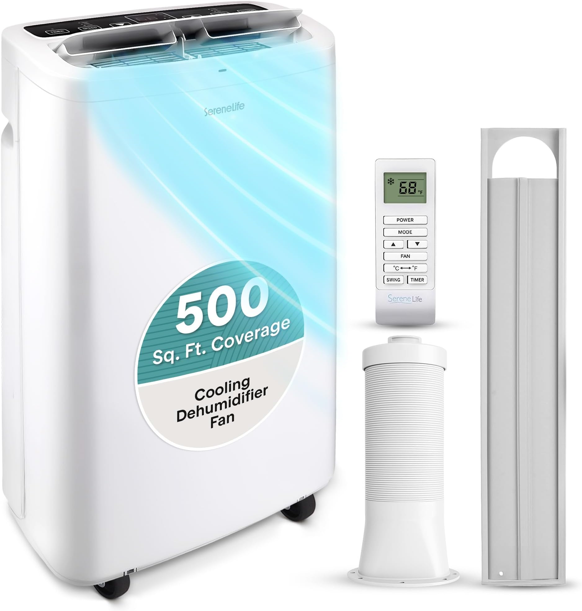 - SereneLife Small Air Conditioner Portable 14,000 BTU with Built-in Dehumidifier - Portable AC unit for rooms up to 650 sq ft - Remote Control, Window Mount Exhaust Kit