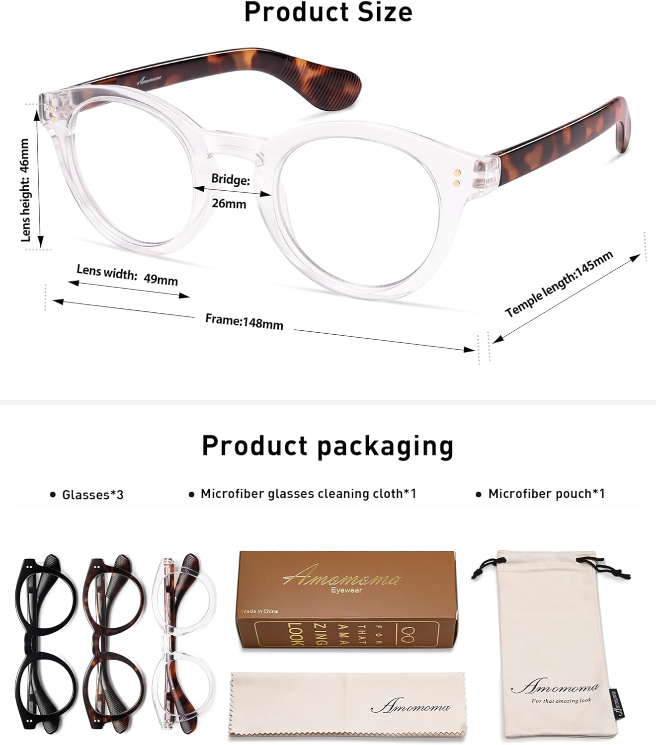 AMOMOMA 3 Pack Classic Round Reading Glasses for Women Men,Retro Blue Light Computer Reader Frame AM6142 - Image 6