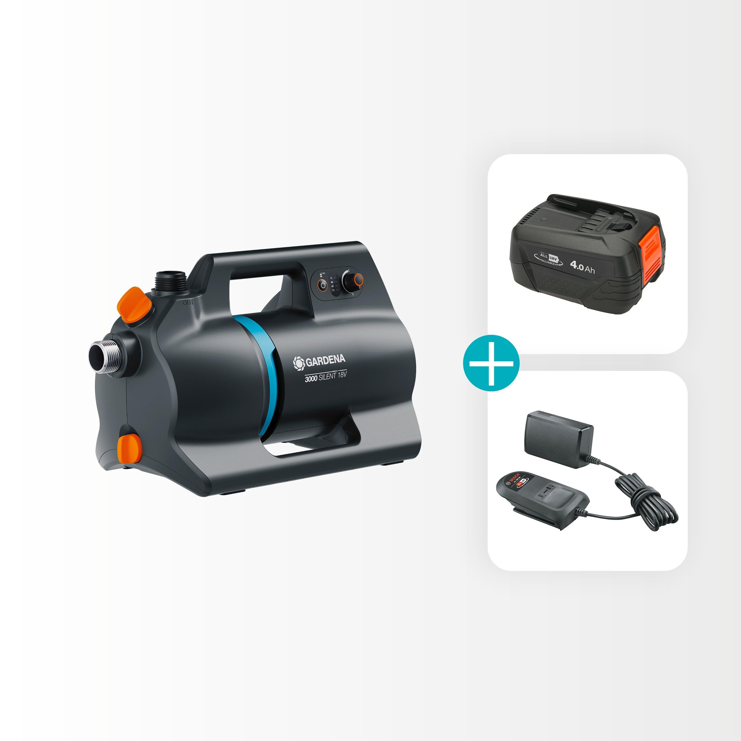 Gardena Akumulatorowa pompa ogrodowa 3000 Silent 18V P4A – zestaw z akumulatorem: Duża moc, Cicha praca, Wodoszczelna obudowa odporna na promieniowanie UV (14610-20)