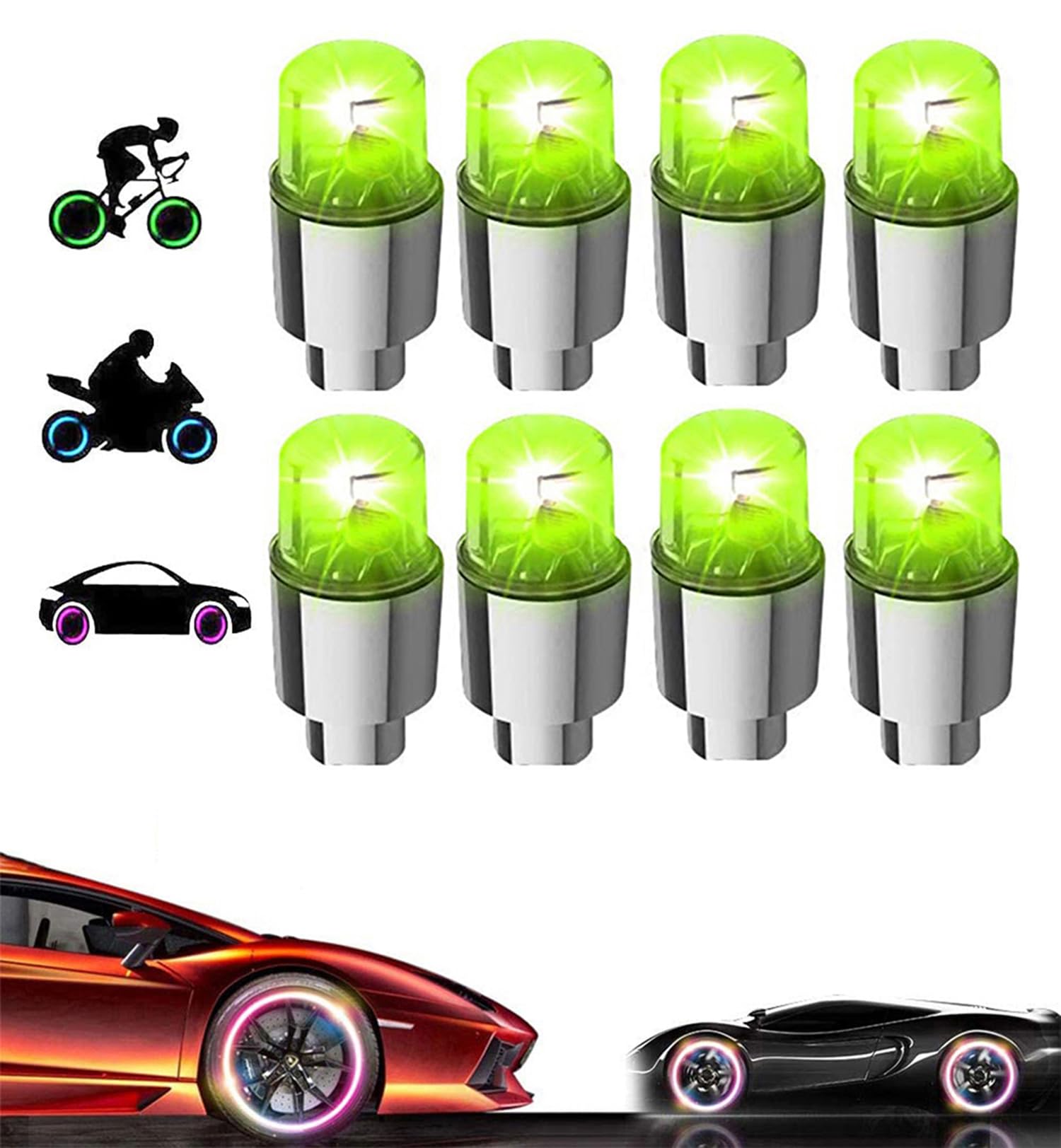 8 Pack LED Valve Stem Caps Lights for Car Tires Wheel Assemblies Light up Air Neon Bicycle Motorcycle Tyre Bike Truck Golf Cart for Kids Men Women(8 Green)