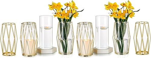 Jarrones de flores modernos dorados para centros de mesa, jarrón de vidrio de 8.5 pulgadas con soporte de metal, juego de 6 jarrones geométricos