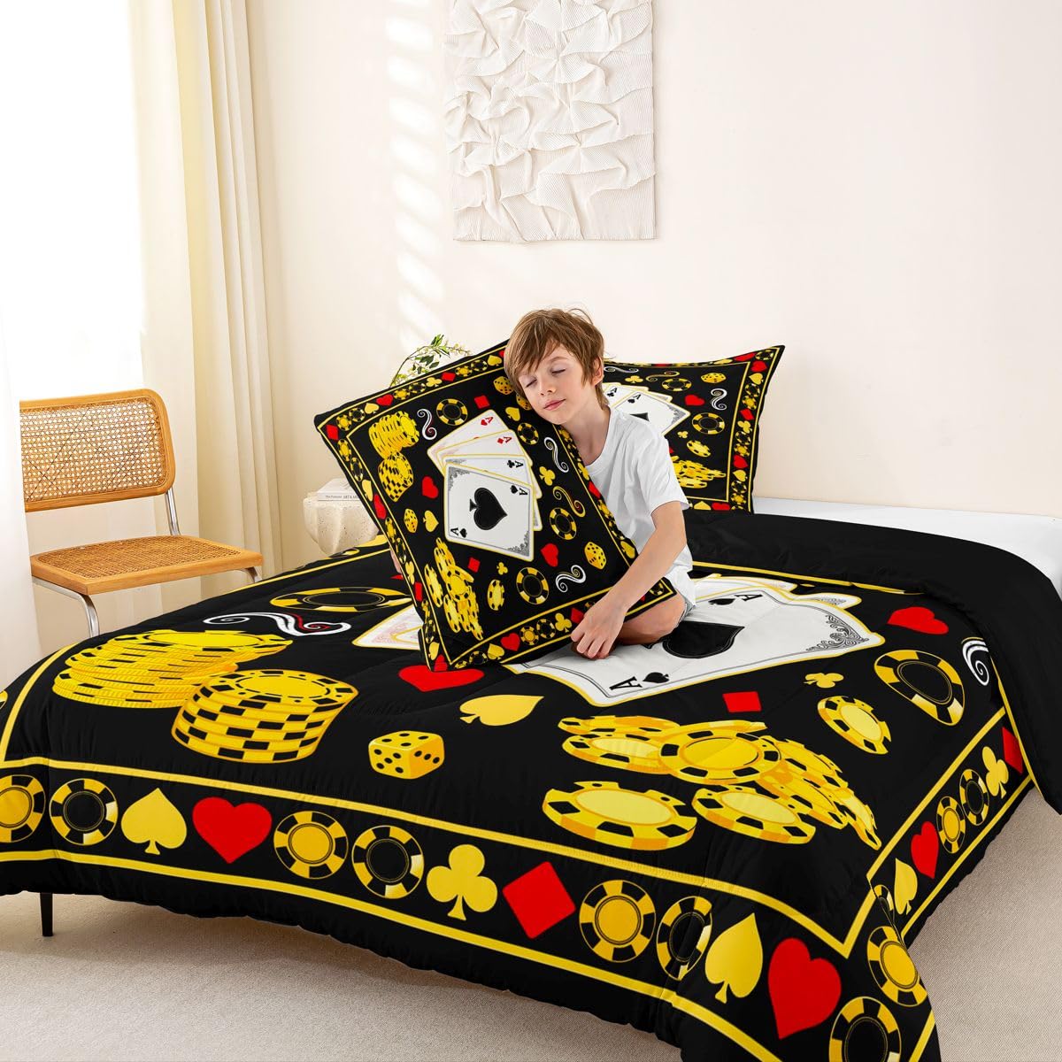 Homewish Poker Casino Vintage zestaw pościeli King Size - gra karciana retro zestaw pościeli poker gra żetony zestaw kołdry - czarny złoty retro bez przykrycia kołdra z 2 poszewkami na poduszki