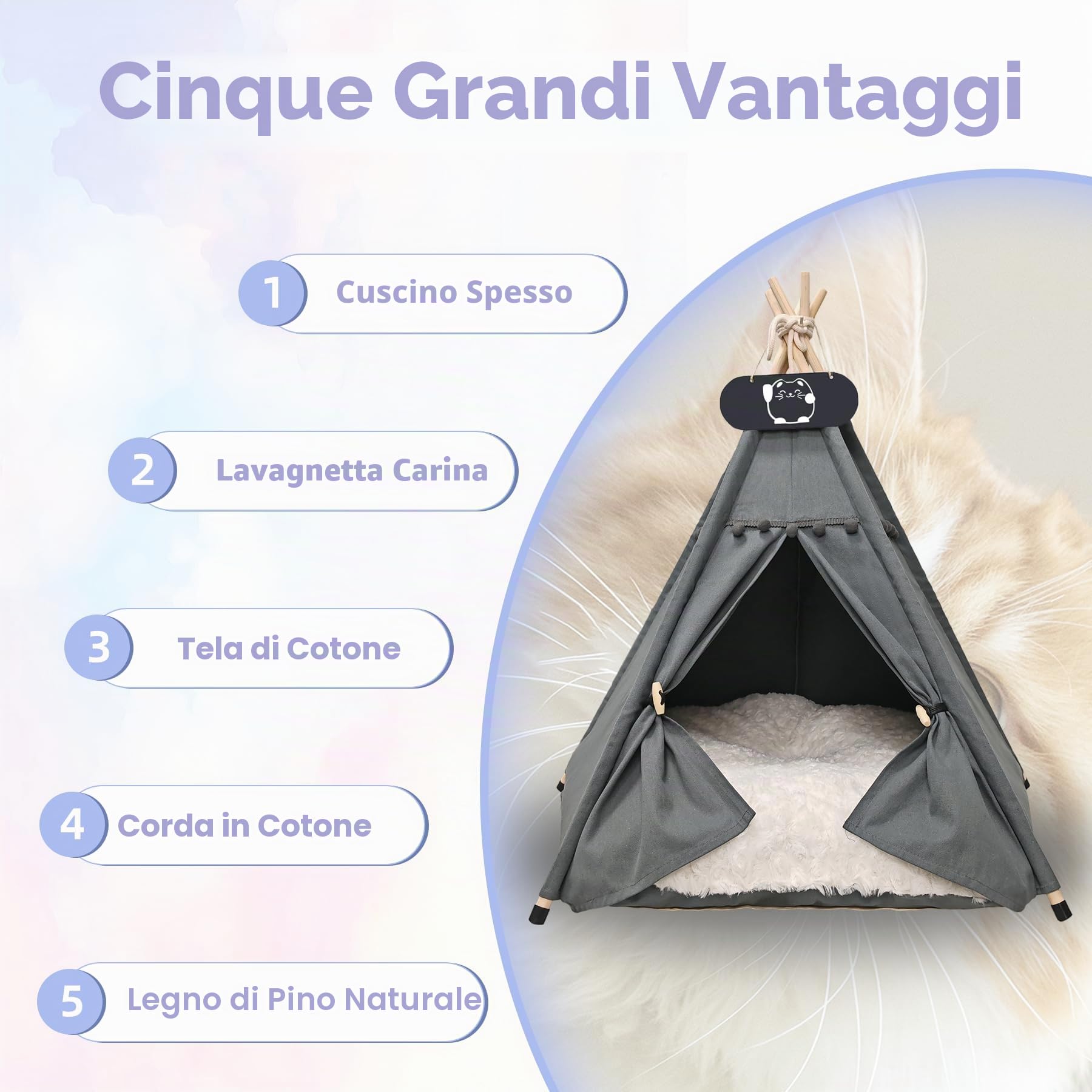 Tenda da campeggio tipi per animali domestici con cuscino a doppia faccia, tenda per cani smontabile e lavabile, lussuosa grotta per cani, tenda per gatti e case per animali domestici, 60 x 60