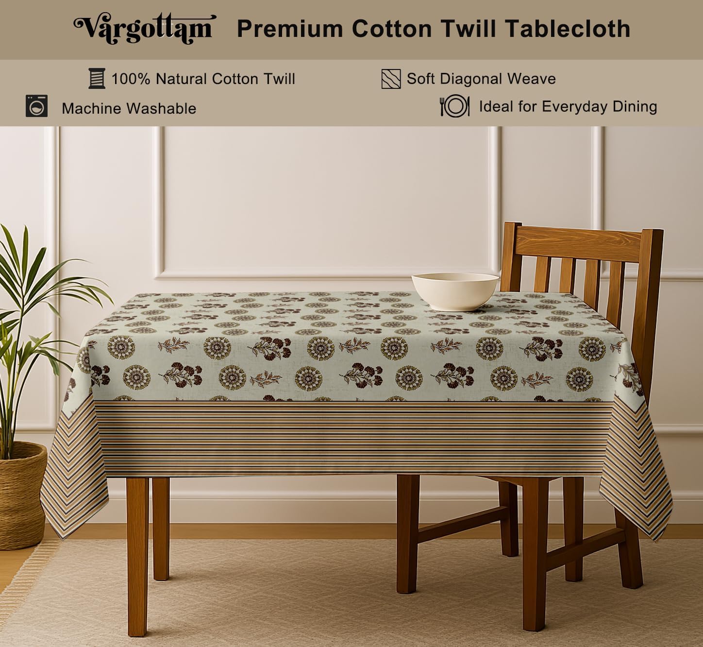 Block Design Tablecloth- White 60x60 Inch Cotton Twill Dining Table Cover, Perfect for 4 Seater Tables, Durable, Protective & Washable, Ideal for Everyday Use, Festive Occasions & Gatherings
