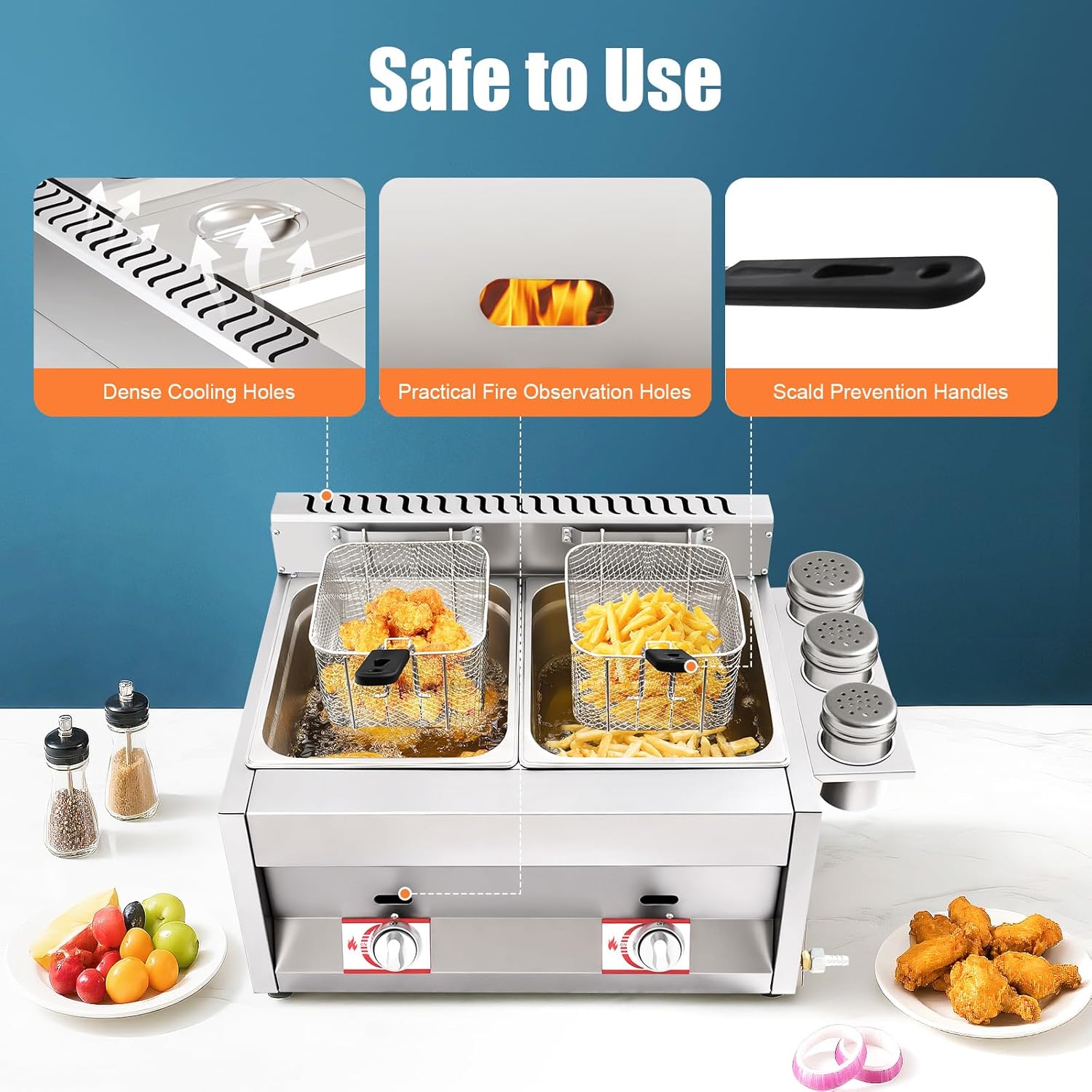 LYNICESHOP Stainless Steel Countertop Gas Fryer, Commercial LPG Gas Deep Fryer with 2 Basket Propane LPG Oil Frying Pot Kitchen Frying Machine Snack Fryer For French Fries Restaurant Home Kitchen