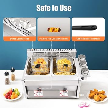 LYNICESHOP Stainless Steel Countertop Gas Fryer, Commercial LPG Gas Deep Fryer with 2 Basket Propane LPG Oil Frying Pot Kitchen Frying Machine Snack Fryer For French Fries Restaurant Home Kitchen