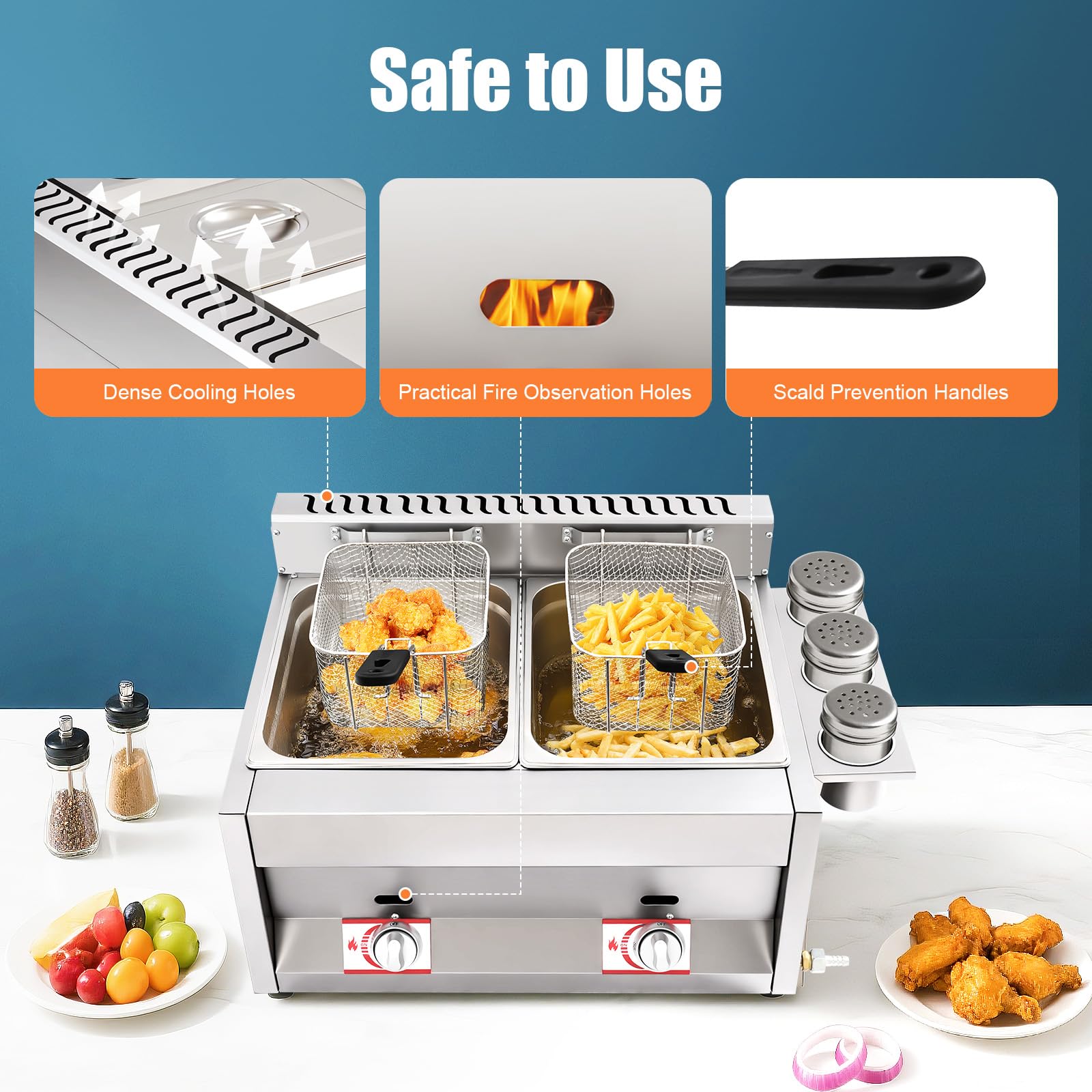 Friggitrice a gas doppia con 2 cestini, friggitrice a propano in acciaio inox, intervallo di temperatura 50-380 °C, friggitrice a gas con 3 contenitori per spezie per famiglie, ristoranti, spuntini