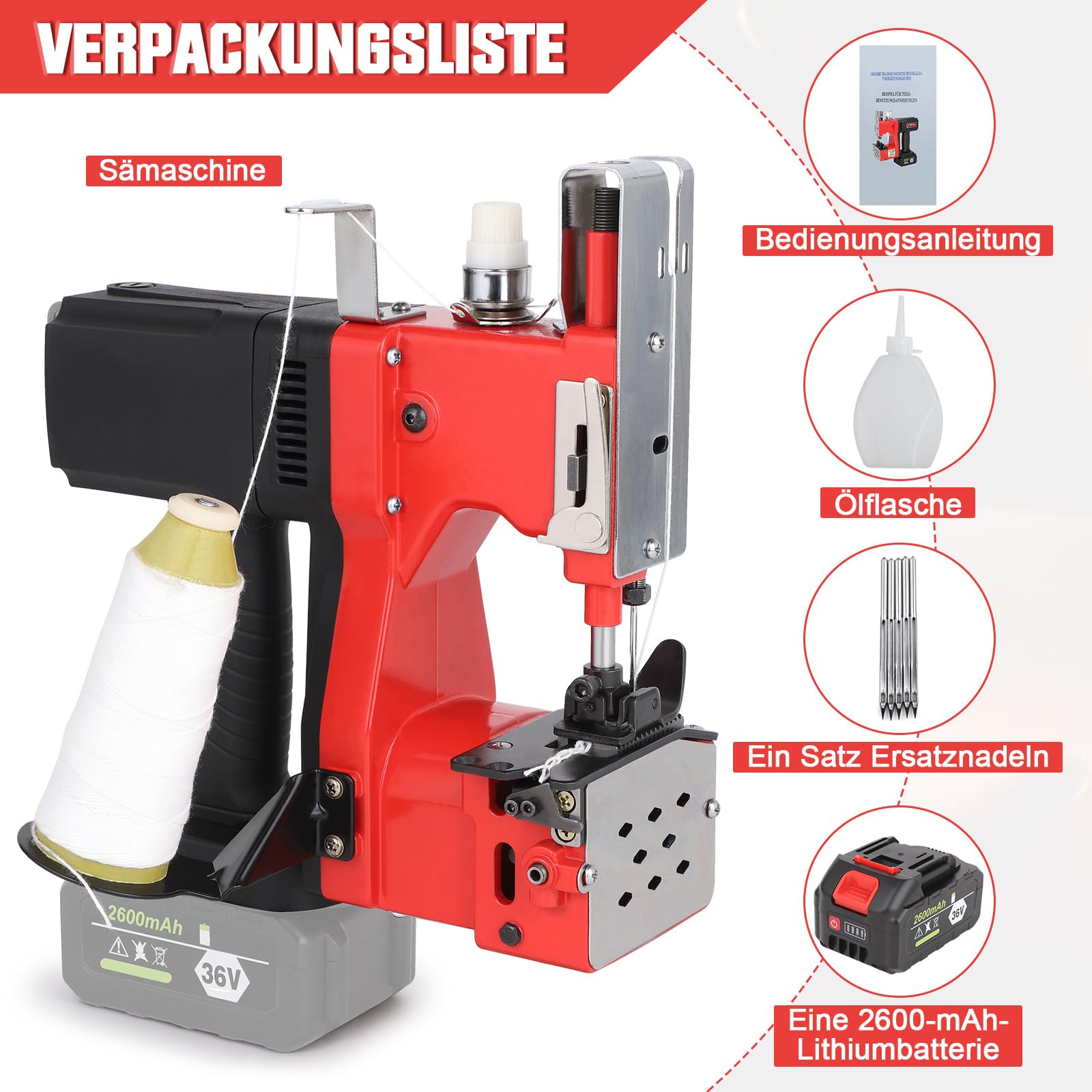 Máquina de coser eléctrica portátil con batería, 210 W, máquina de coser bolsa eléctrica, bolsa de embalaje eléctrica para bolsa de tejido/bolsa de papel/bolsa de arena/bolsa de yute/cuero