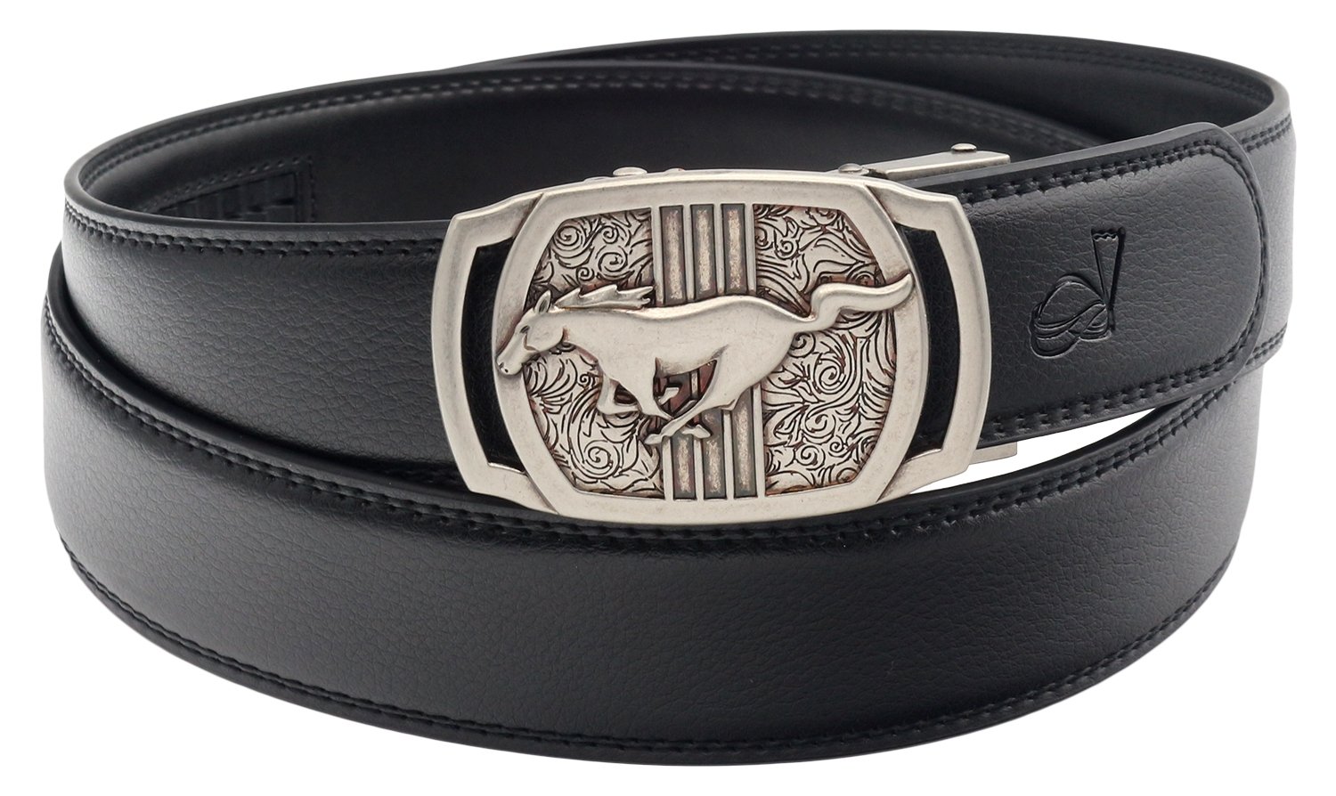 QHA Mens Leather Belt Automatic Ratchet Leather Belts Horse Buckle Gift (Silver Black #1, 38"-44")