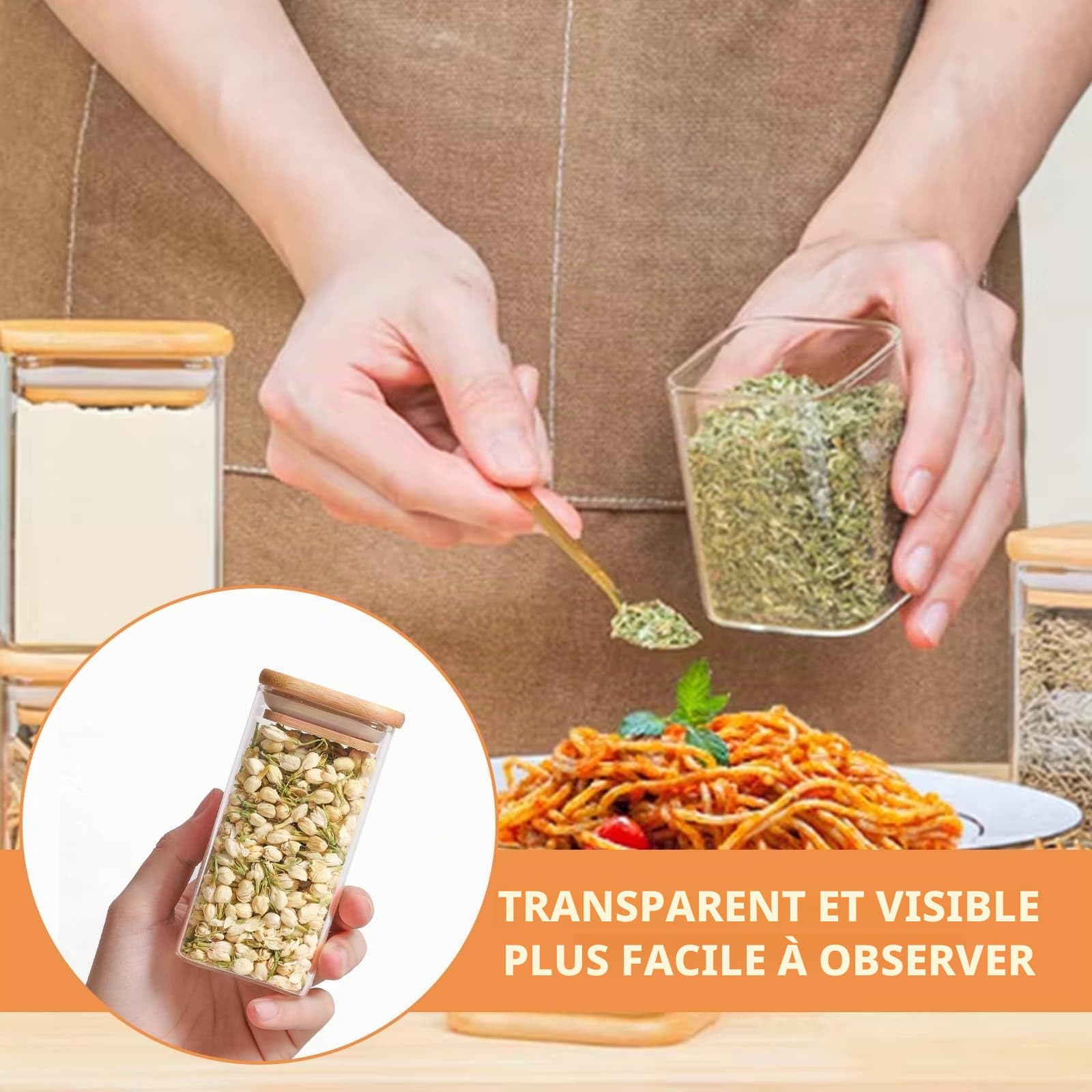 DYUEE Lot de 12 pots à épices en verre avec couvercles en bois, 250 ml - Bocaux de rangement carrés en verre avec étiquettes blanches et stylo - Récipient hermétique en verre pour épices, sel, sucre