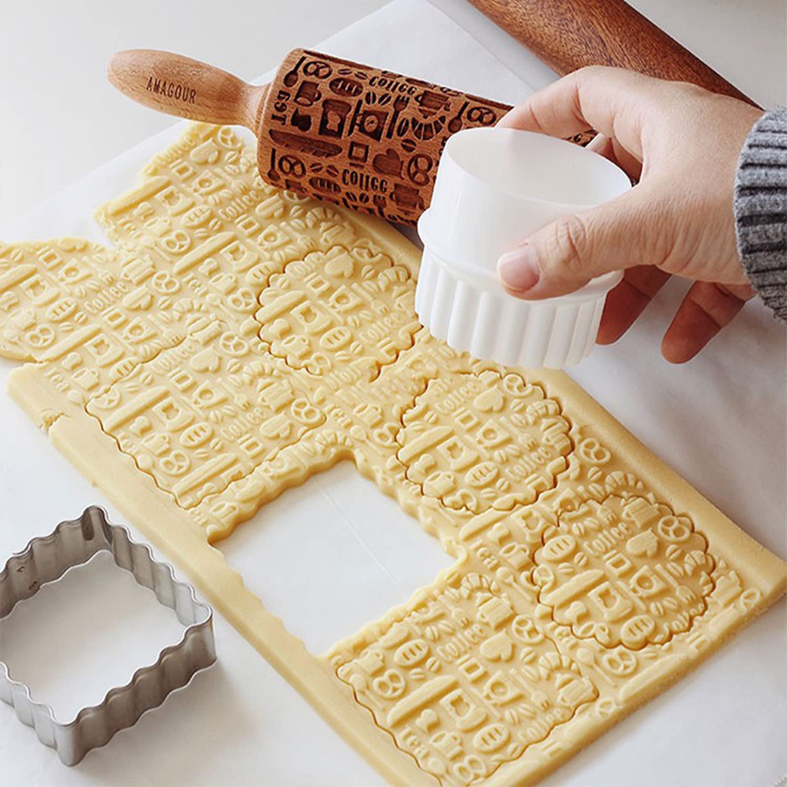 Rodillo de cocina antiadherente con relieve, Rodillo en relieve Rodillo de madera grabado for hornear, for hacer galletas, cortezas, pasteles, arcilla de repostería