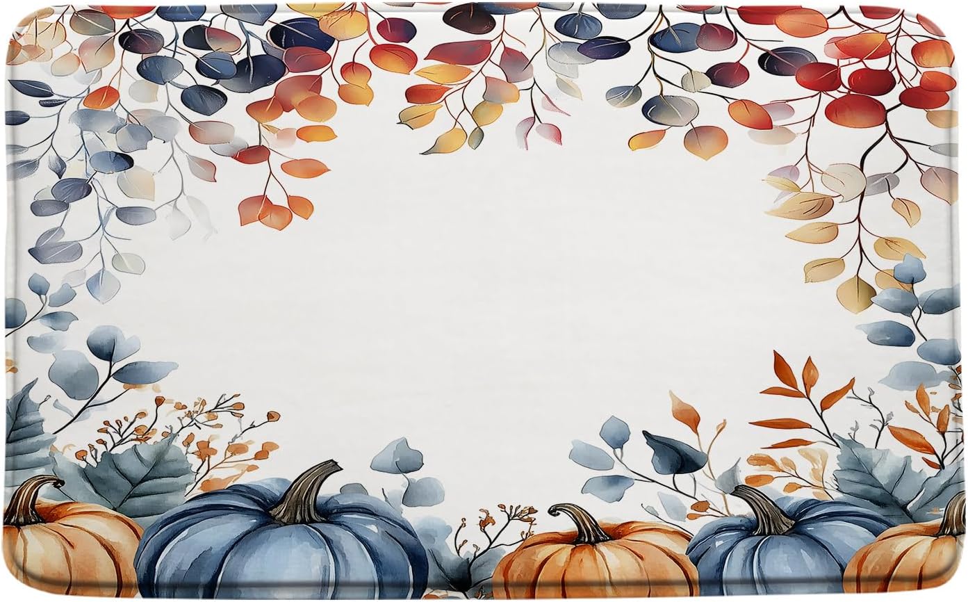Fall Pumpkin Bath Mat Autumn Eucalyptus Leaves Thanksgiving Pumpkins Harvest,Orange Blue 24"x60" Microfiber Memory Foam Bathroom Kitchen Toilet Floor Decor Mat