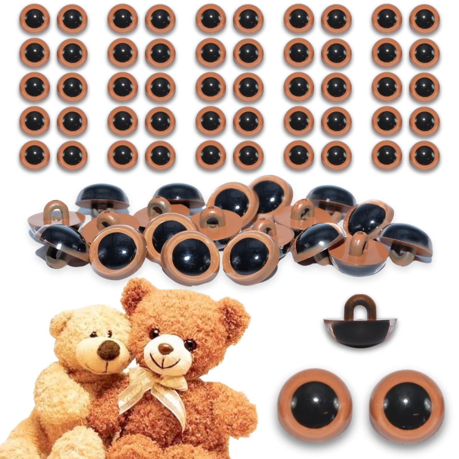 celloexpress 10.5mm Tawny Brown Sew On Eyes - 25 Pairs - Half Round Button Eyes for Teddy Bear Animal Soft Toy Making