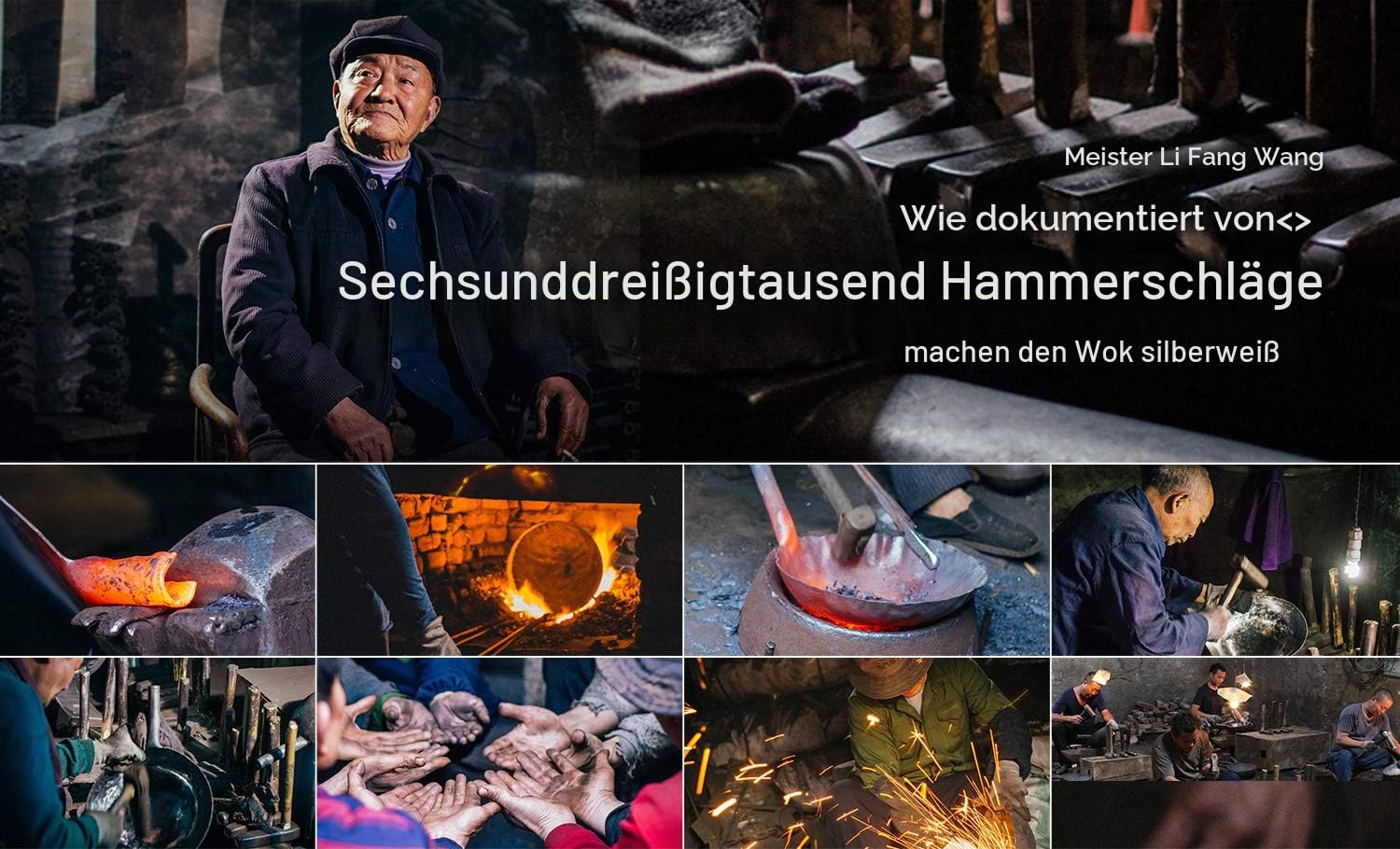 ZhenSanHuan Handgehämmerte Eisen-Wok-Pfanne mit rundem Boden, 36 cm im Durchmesser, Eisengriffstange inklusive Silikonschutz-Überzug sowie einem Haltegriff
