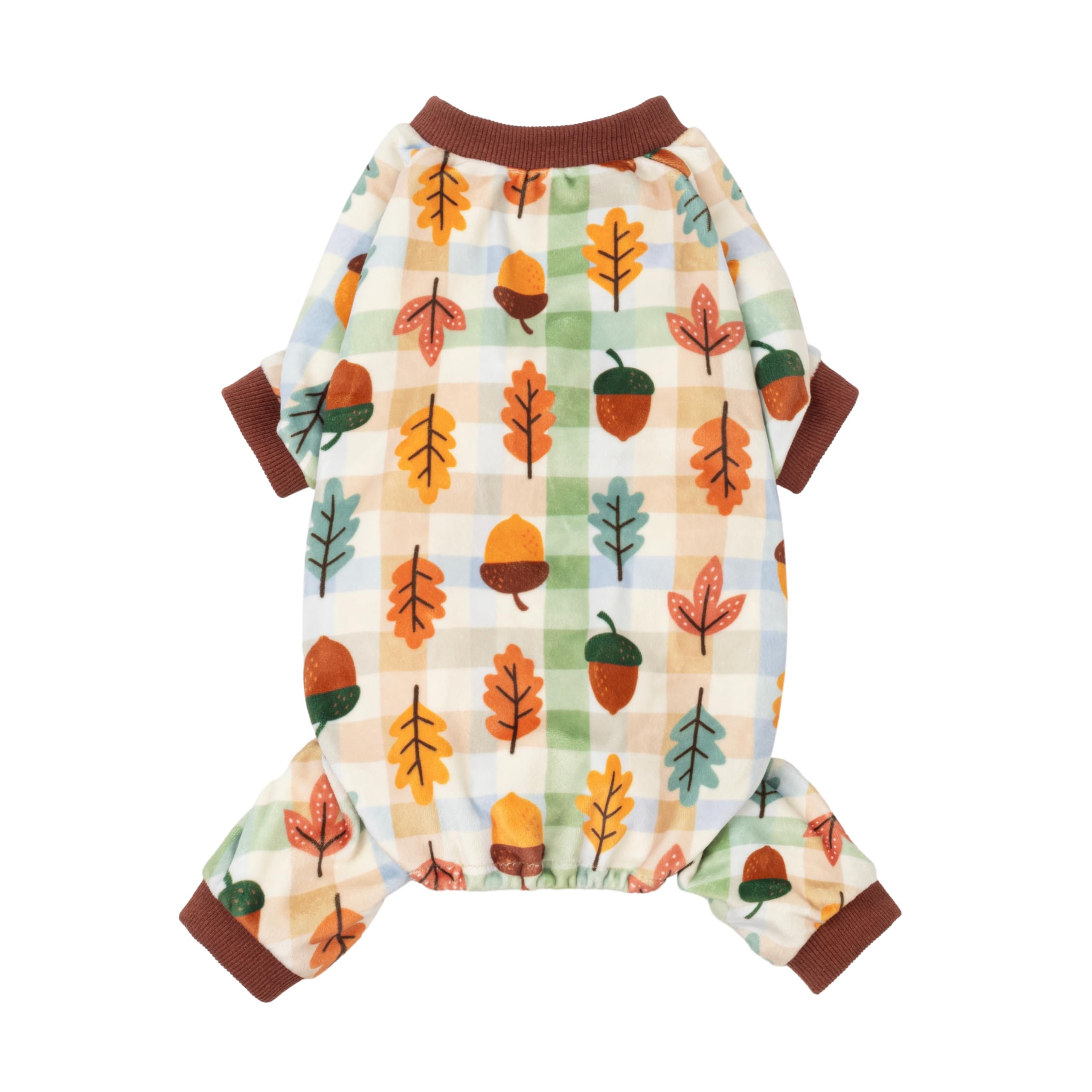 Fitwarm Acorn & Leaves Plaid Fleece Dog Pajamas, Thanksgiving Outfit for Small Dogs Boy Girl, Festive Pet Clothes, Funny Doggy Onesie, Brown, Orange, Green, XXL — image 1
