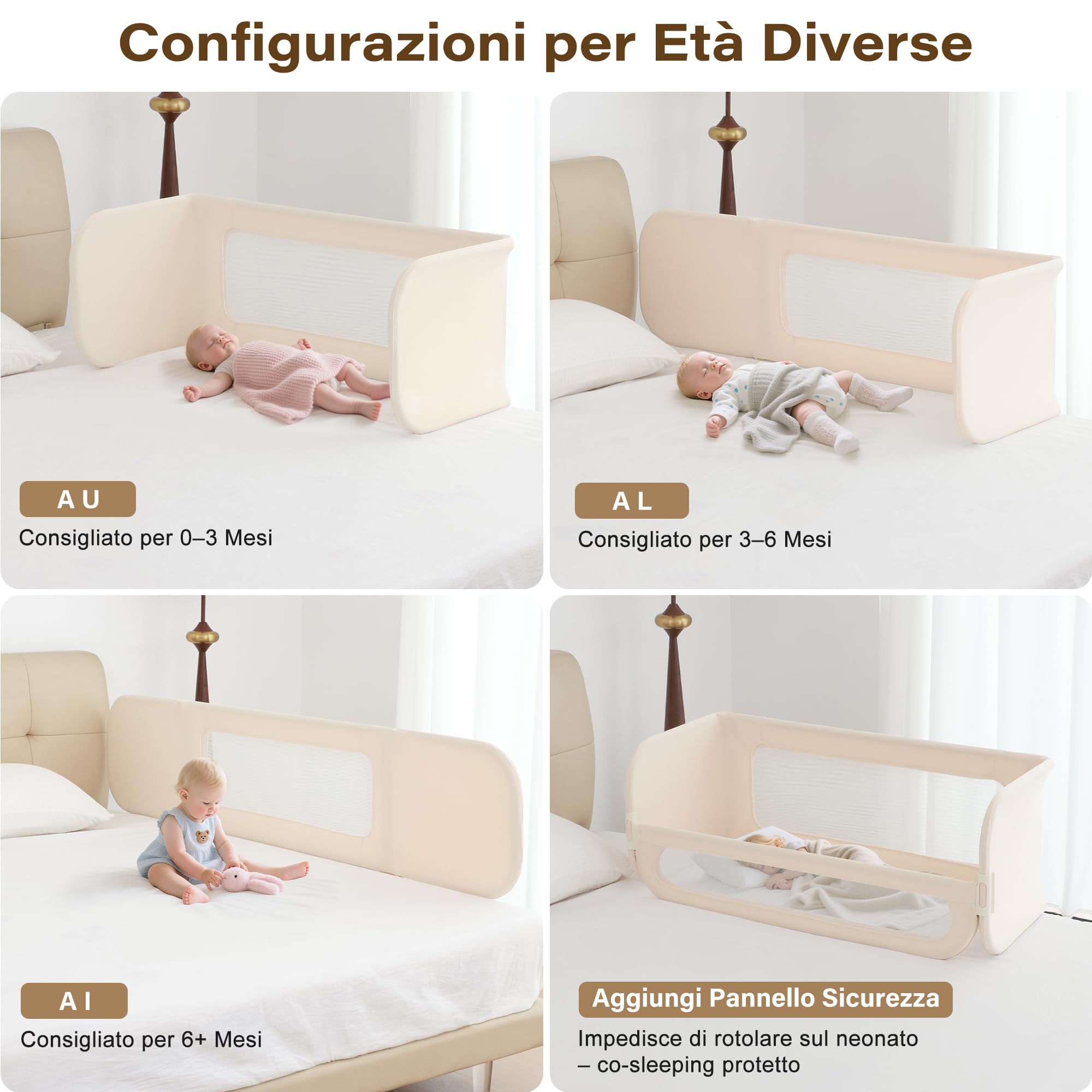 Sponda Letto Bambini 2 in 1 Pieghevole 185cm, Sbarra Letto Barriera Lettino o Cododo Lettino con Borsa Trasporto per Viaggi o Vacanze, Senza Installazione, Facile da Trasportare - Crema