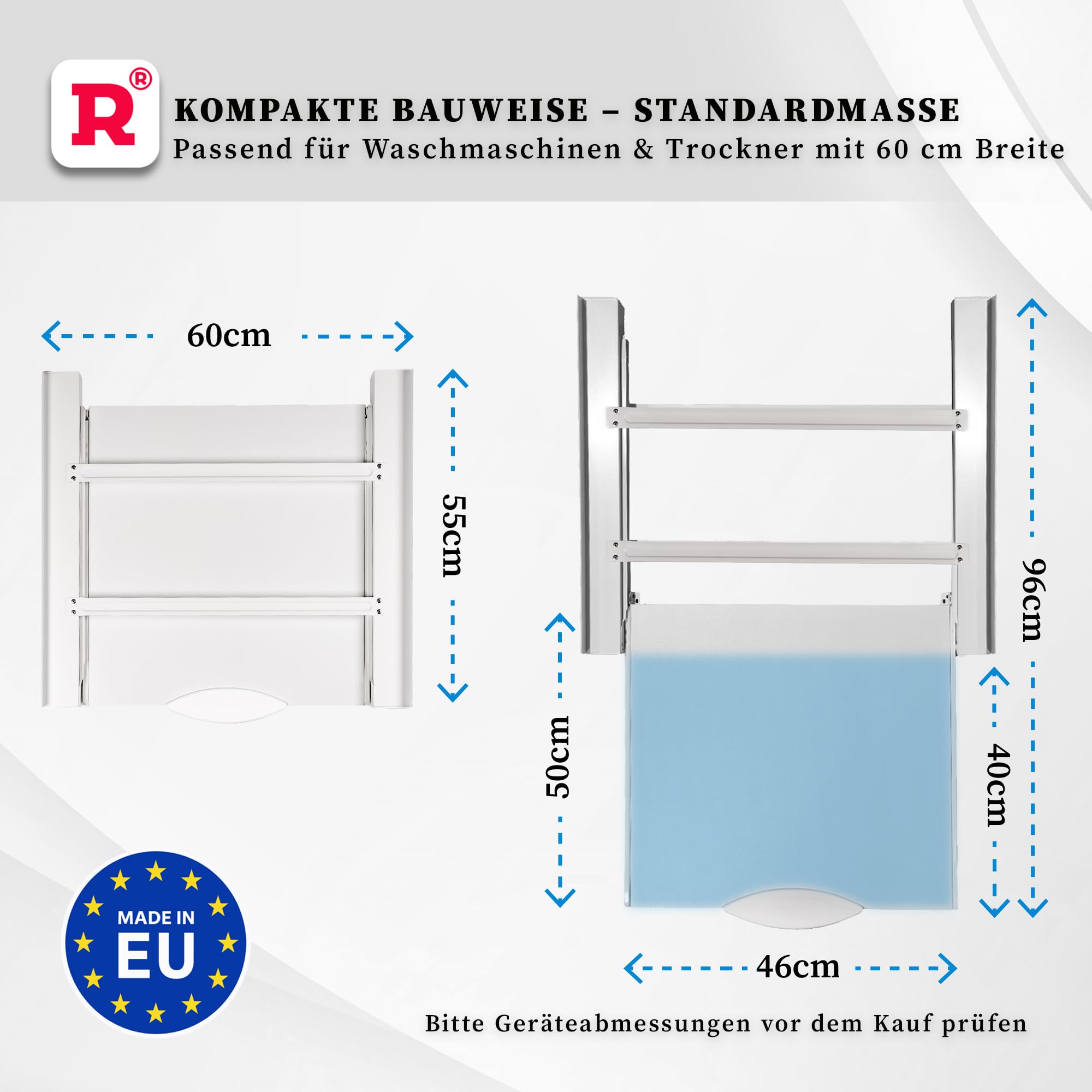 ROLLER Kappatos Premium Verbindungsrahmen mit Schublade, 250 kg Aluminium | Zwischenbaurahmen Waschmaschine Trockner, 60x60 cm, Stapelrahmen mit Ablage, Made in EU