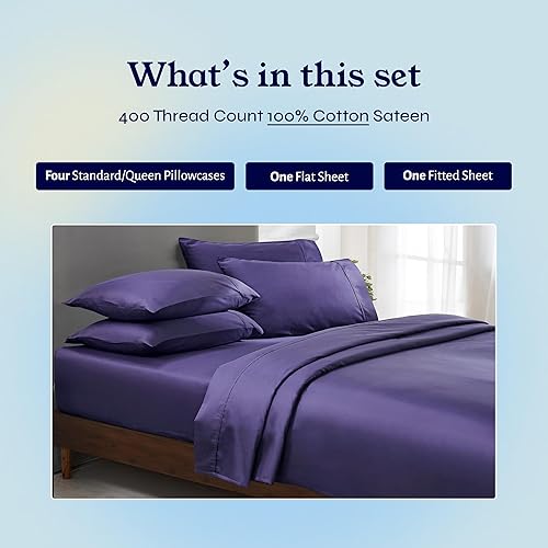 Vista 201 de Juego de sábanas de 400 hilos y 6 piezas, tamaño King, con 4 fundas de almohada, ropa de cama de 100 % algodón con tejido satinado, color azul 12