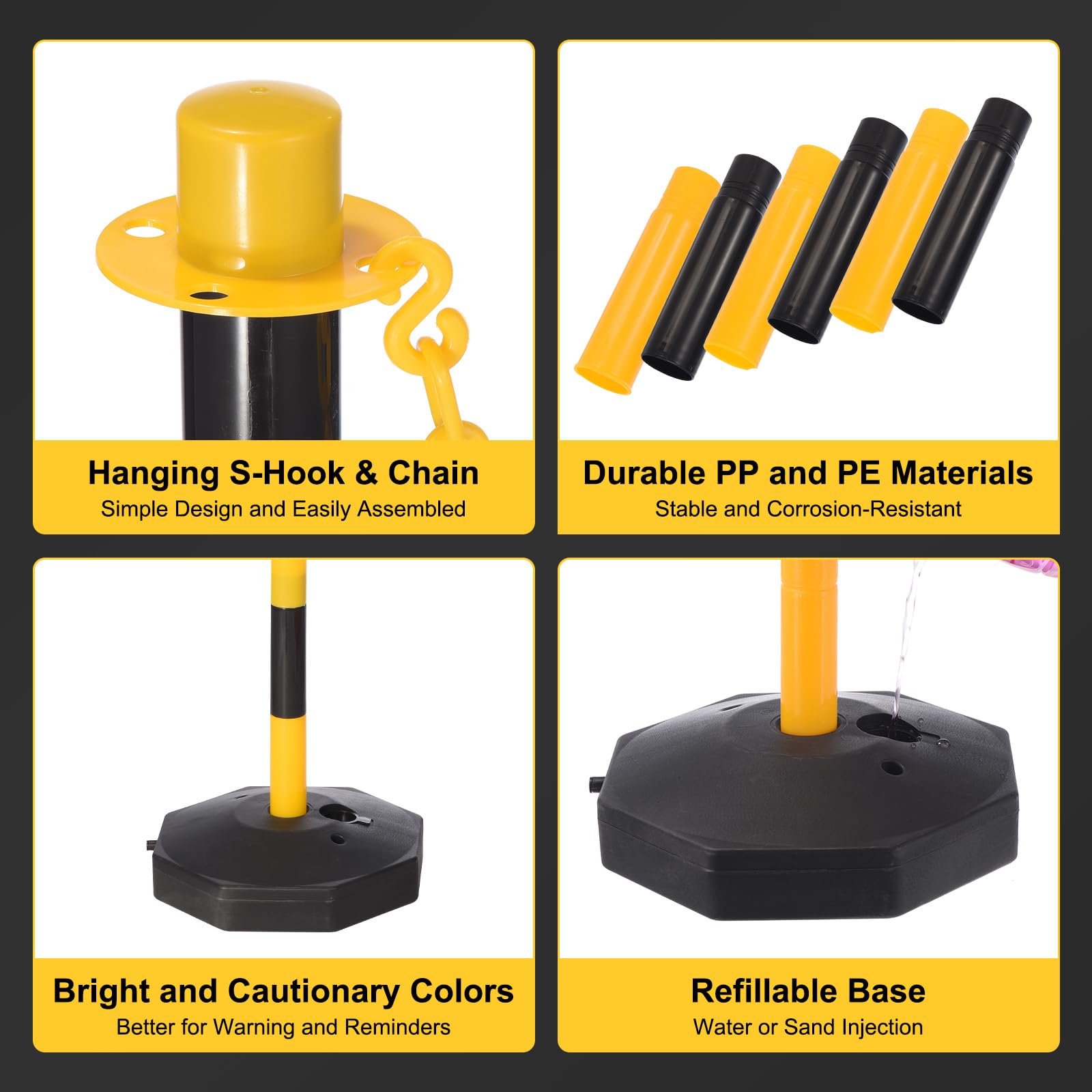 PATIKIL 2 Piezas Poste Delineador De Tráfico con Base Rellenable, Barreras De Seguridad De Cadena Plástica De 5 Pies para Estacionamiento En Construcción Control, Negro/Amarillo