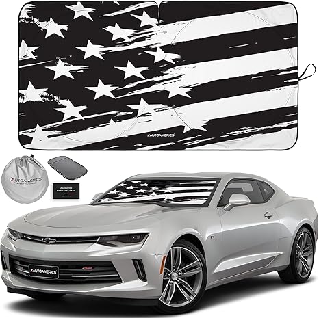 Autoamerics 1-Piece Windshield Sun Shade B&W Art American Flag USA Design - Foldable Car Front Window Sunshade for Most Sedans SUV Truck - Blocks Max UV Rays and Keeps Your Vehicle Cool - Small