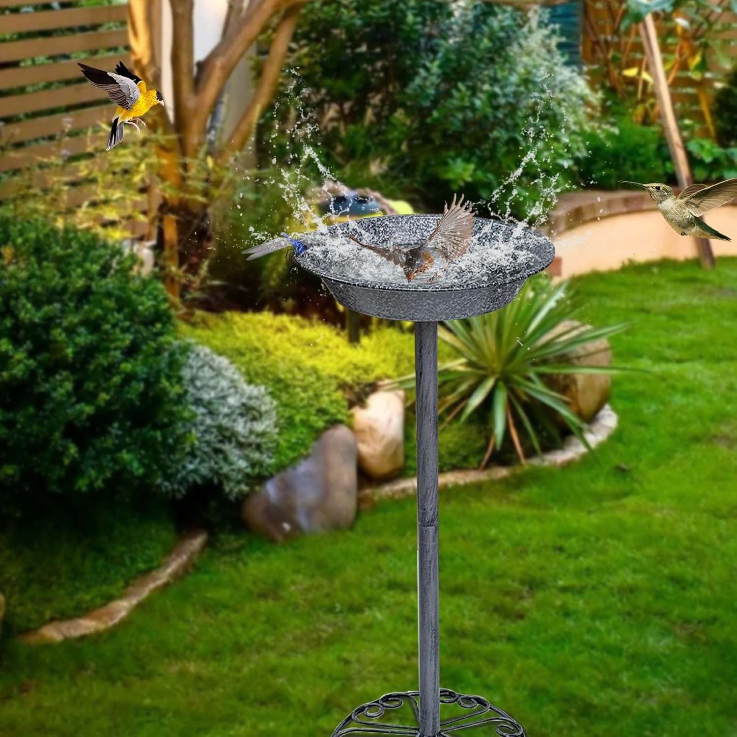 Outdoor Garden Bird Bath, 25.5 inch Height Bird Feeder, Metal Birdbath with Dragonfly for Garden Yard Patio Lawn Decoration, Gray