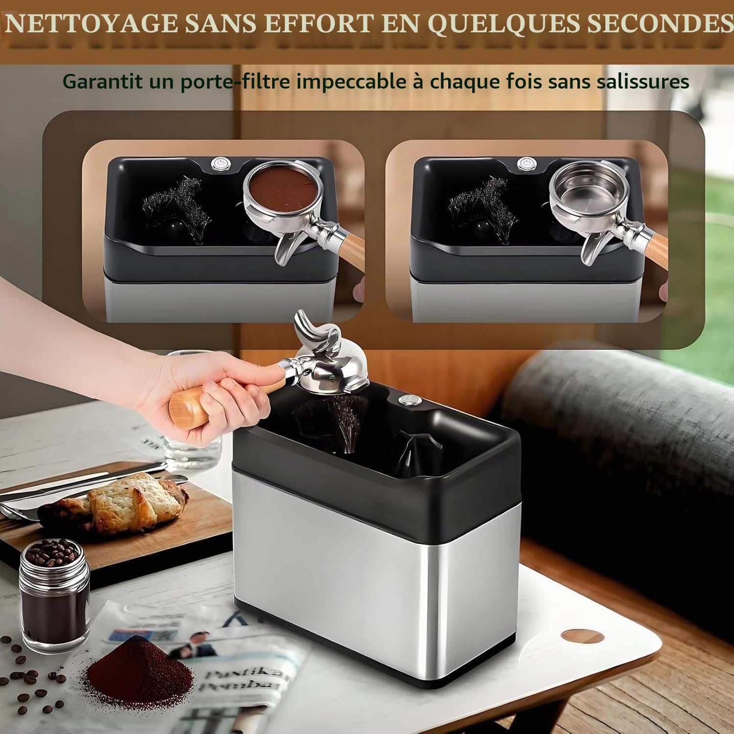 Nettoyeur de Porte-Filtre à café électrique, Nettoyeur de poignée de Marc de café, têtes de Brosse Doubles, Rotation 300/min, pour cafés domestiques ou commerciaux Silver