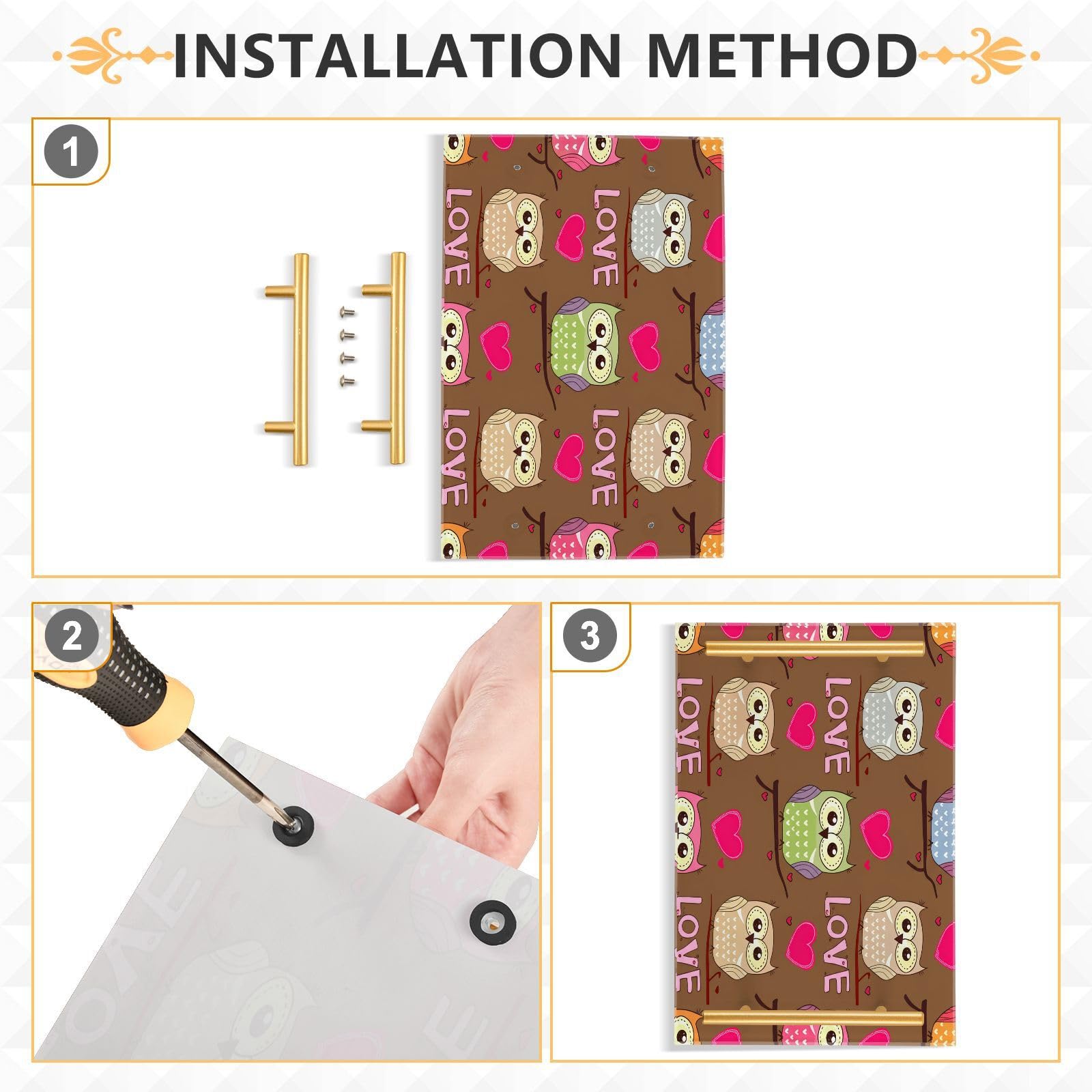 BOESI Doodle Cute Owl and Heart Tray, Tray with Handles, Countertop Organizer, Decorative