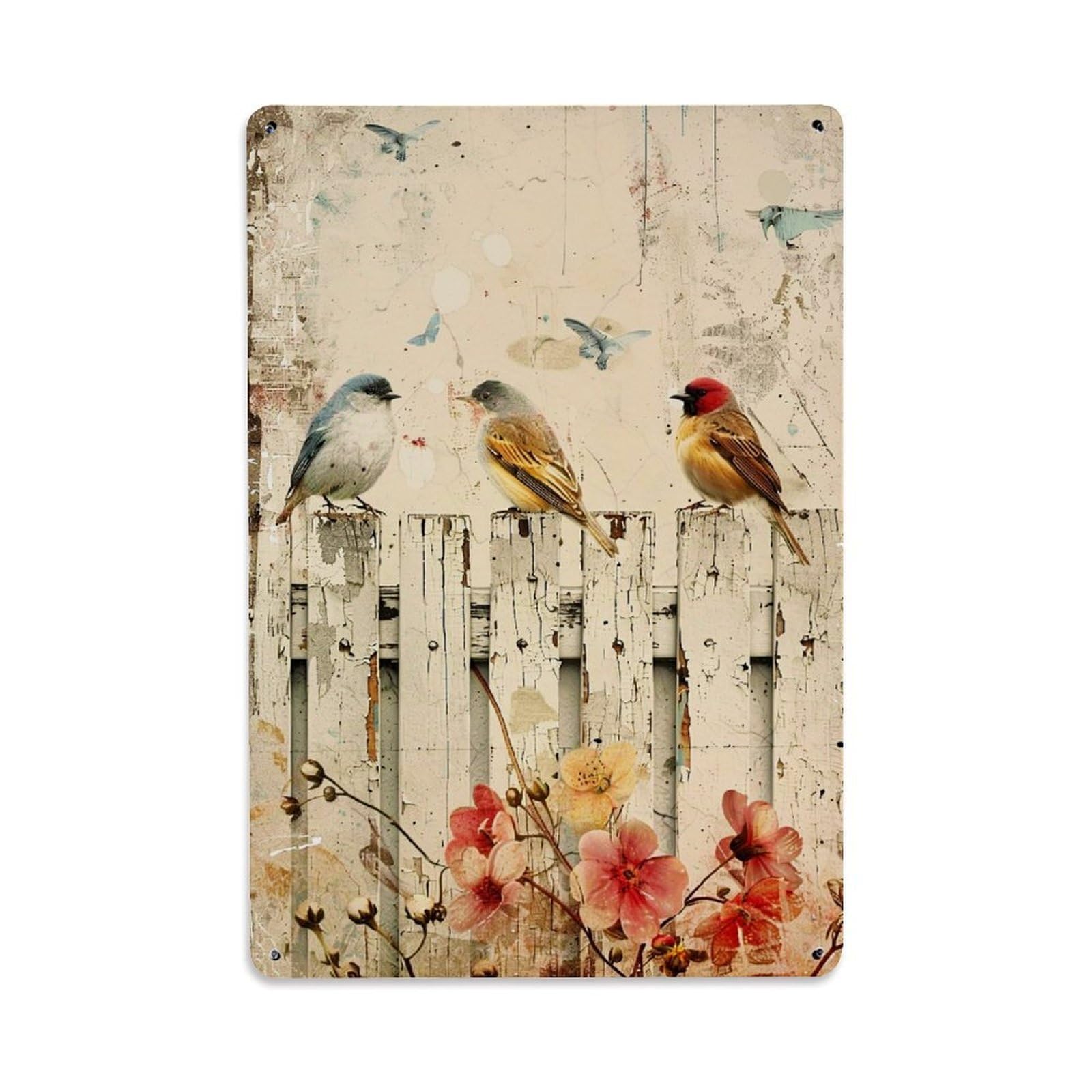 Birds On Fence With Flowers Retro Metal Tin Sign, Vintage Decor Art Poster for Bar, Home, Man Cave, Kitchen, Laundry Room Gift 8x12Inch