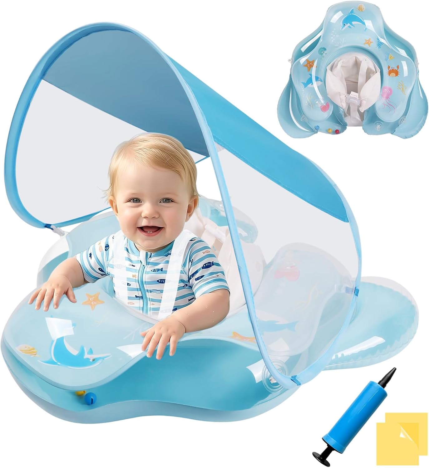 Baby Ring with Parasol Ninonly UV Protection UPF50+ Baby Swim Ring with Sun Visor Baby Swimming Pool Float Prevent Flip Float for 12 to 36 Months