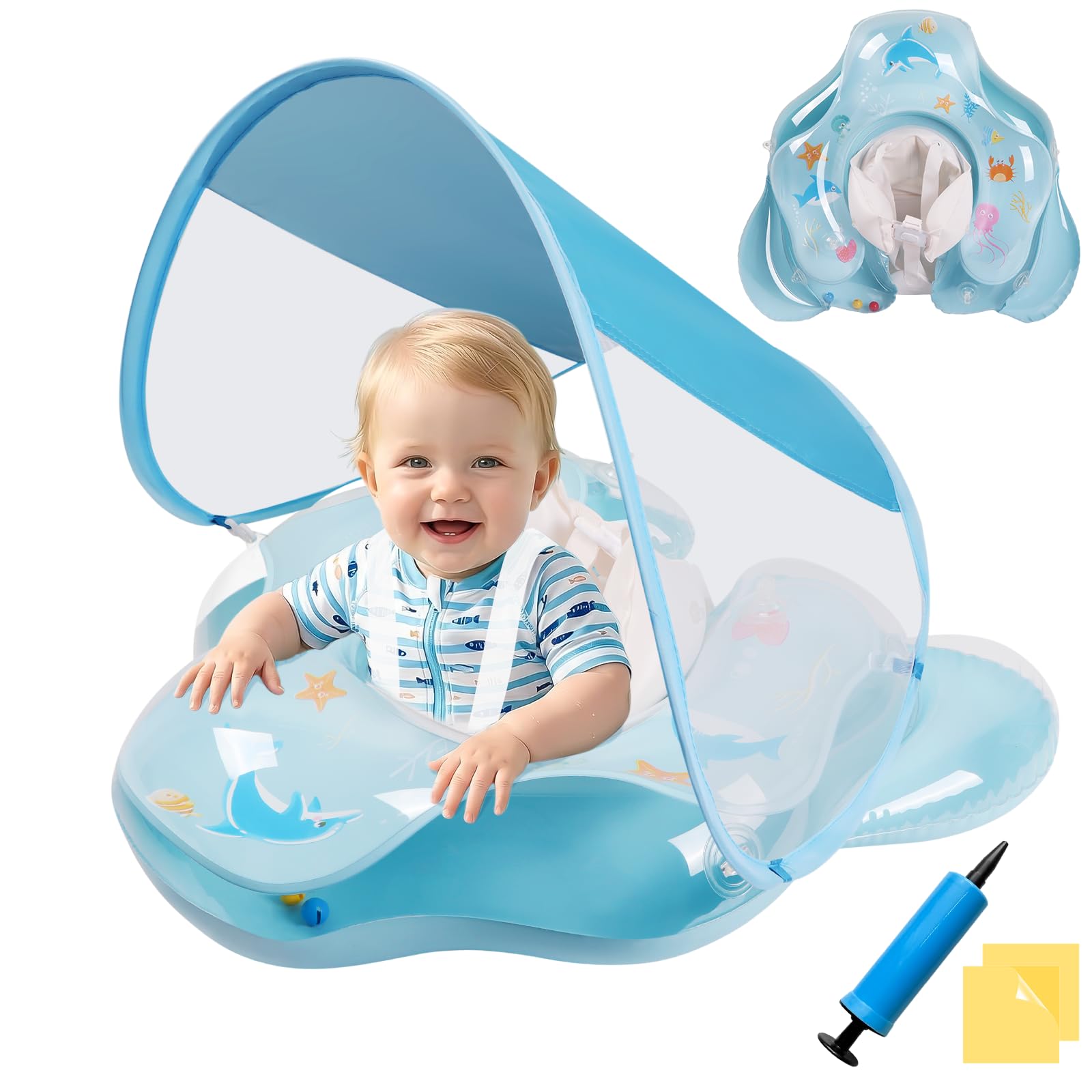 Ninonly Flotador Bebe con Sombrilla UV UPF 50+ Flotador Inflable para Bebe de Protección Solar Antivuelco Piscina Bebé con Asiento y Respaldo para Niños de 12 a 36 Meses