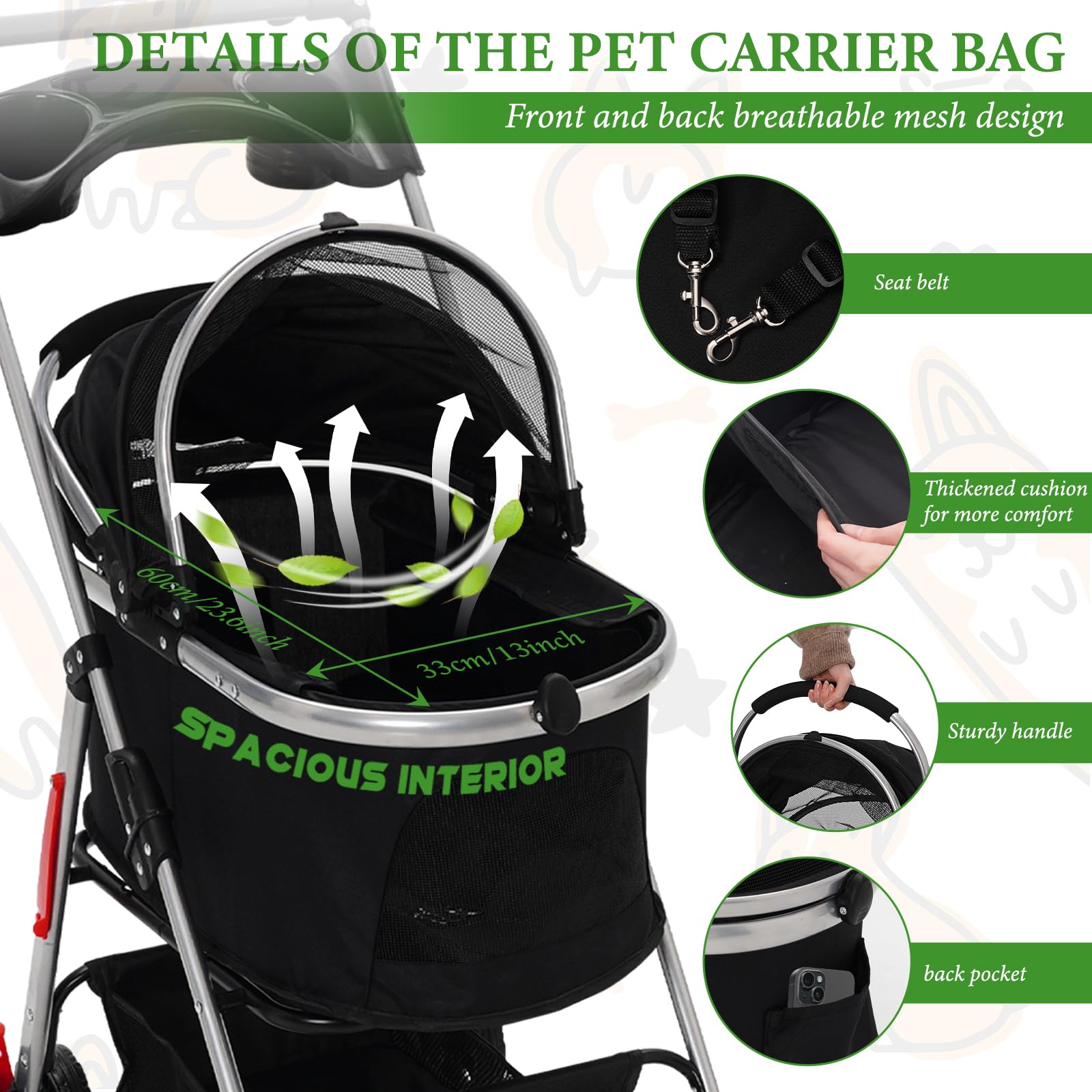 HOMCENT Passeggino 3 in 1 per cani di taglia media, passeggino pieghevole con seggiolino auto rimovibile, capacità 20 kg, ruote a 360°, manico regolabile, multi spazio per gatti e cani (nero)
