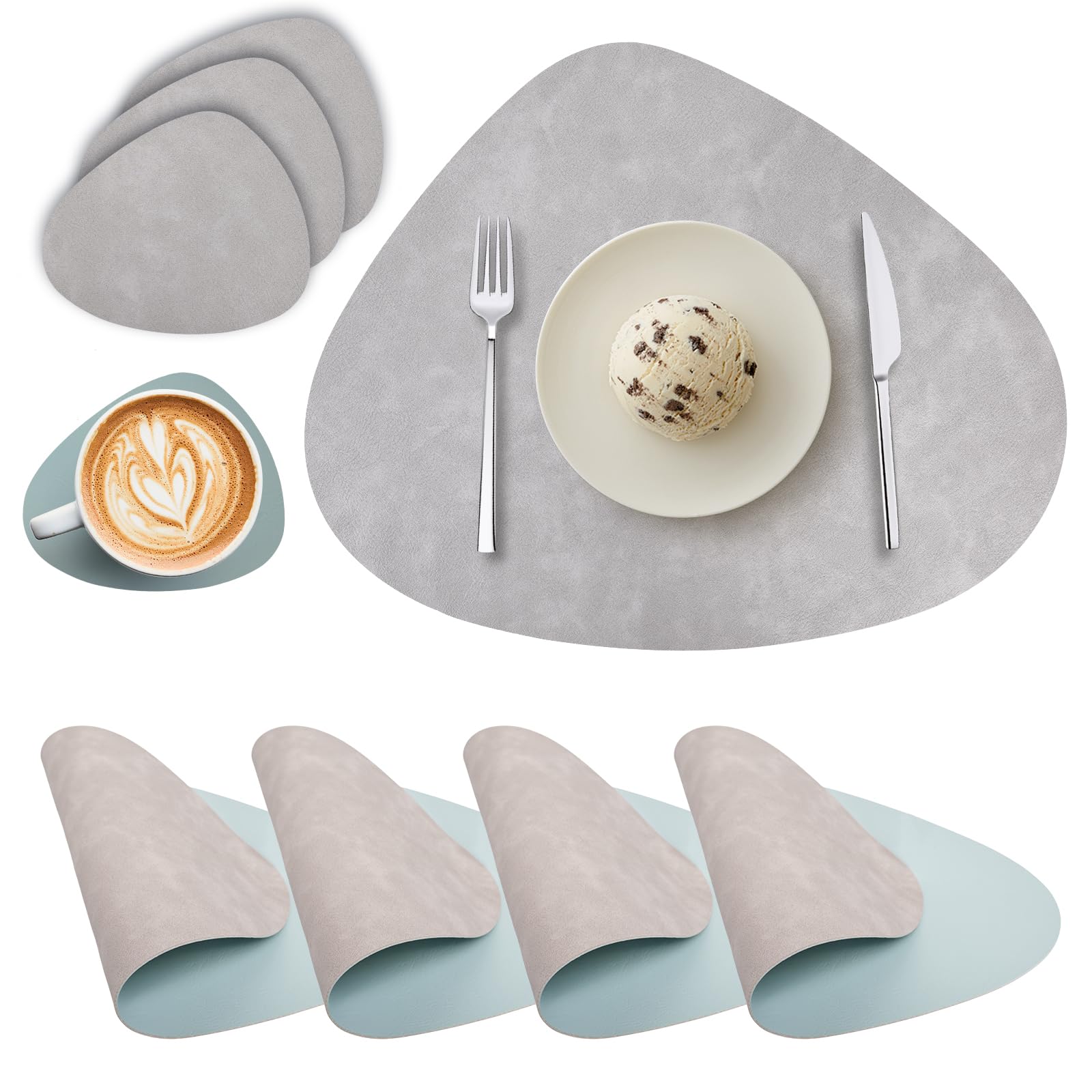 Tischsets Abwaschbar und Untersetzer, Leder Platzsets Rund Doppelseitigen Abwischbar Hitzebeständig rutschfest Platzdeckchen Tischsets Lederoptik 4er Set (Hellgrau Hellblau)