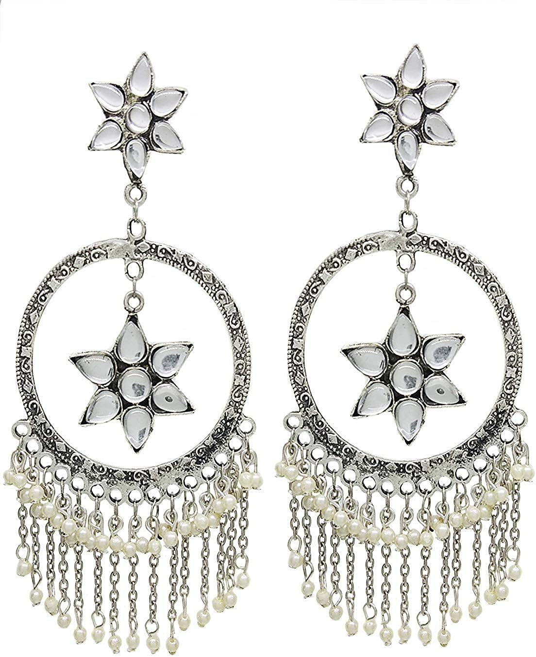 Trifty Kriti Sanon Inspired Beautiful Oxidised Silver Toned Handcrafted Chandbali Large Long Earring For Women & Girls