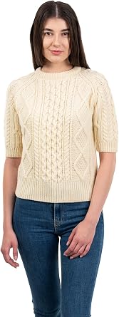 Traditional Irish Sweater for Ladies Short Sleeve Cable Knit - 100% Merino Wool