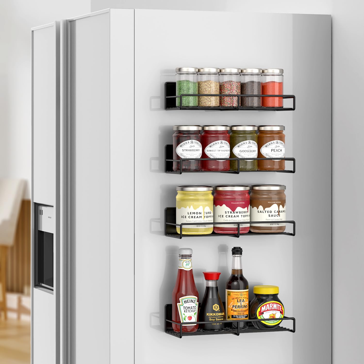 Vinsani 4 Pack Magnetic Spice Rack – Strong No Drill Fridge Storage Shelf | Wall Mounted Metal Herb Jar Holder for Kitchen Organisation – Heavy Duty 11lbs Load, 30x11x6.8cm, Modern Black Design