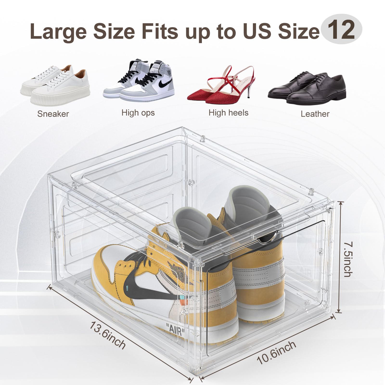 Potahouse Shoe Storage Organizer, X-Large 6 Pack Sneaker Storage Box with Clear Magnetic Doors, Stackable Plastic Shoe Containers Fit Size 12- for Closet Entryway Dorm