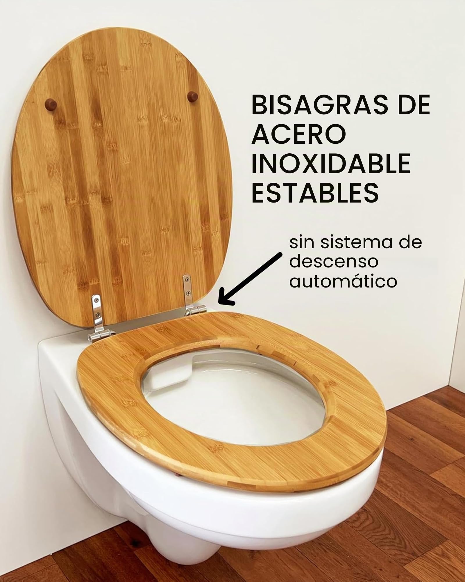 ADOB Asiento de inodoro de bambú oscuro, bambú natural, sostenible, cálido, bisagras de acero inoxidable, ajuste universal, 33332
