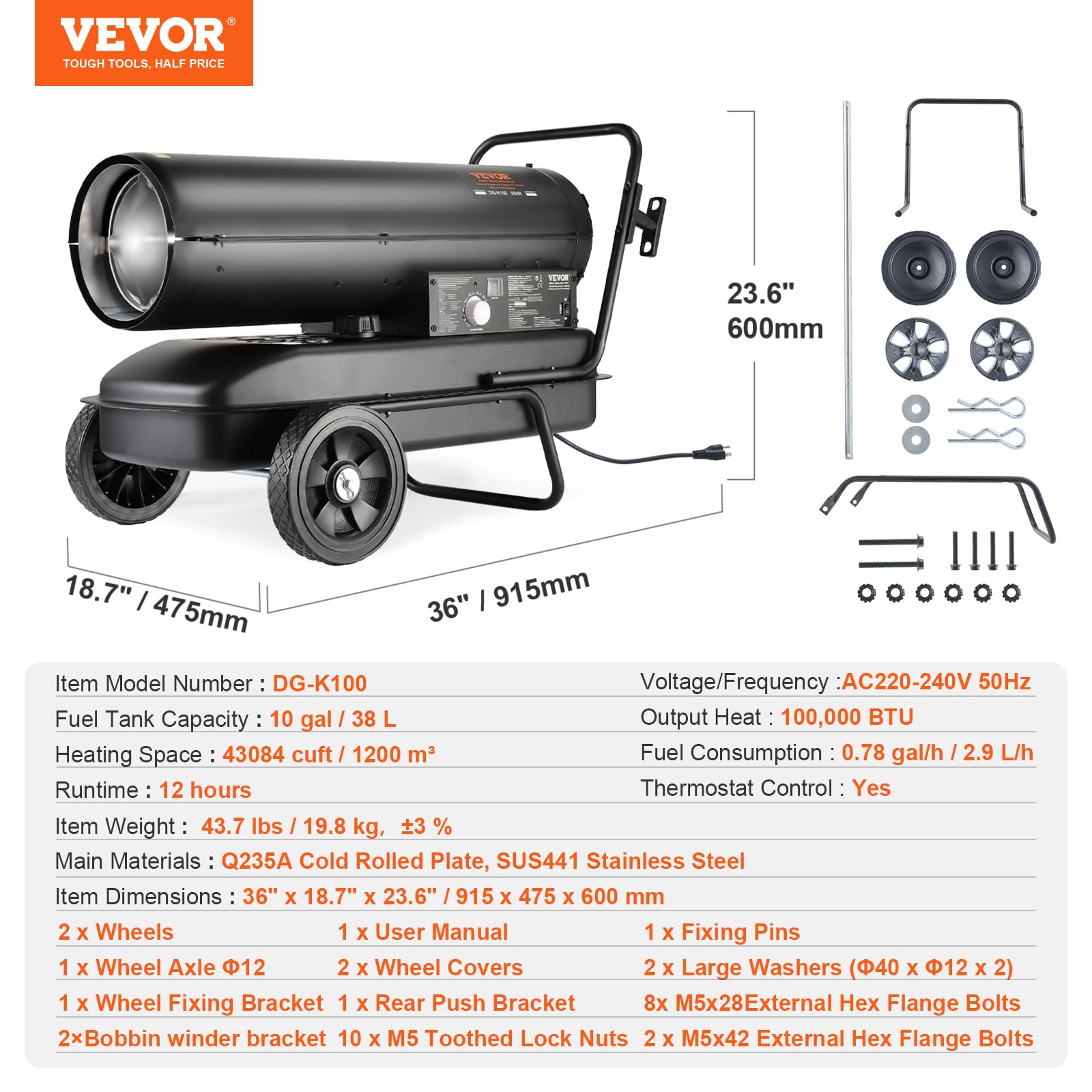 VEVOR Riscaldatore ad Aria Calda Diesel a Cherosene 100000 BTU, Torpedo Riscaldatore d'Ambiente Portatile con Controllo Termostato Serbatoio 38 L per Interni Esterni, per Officine Industriali, Nero